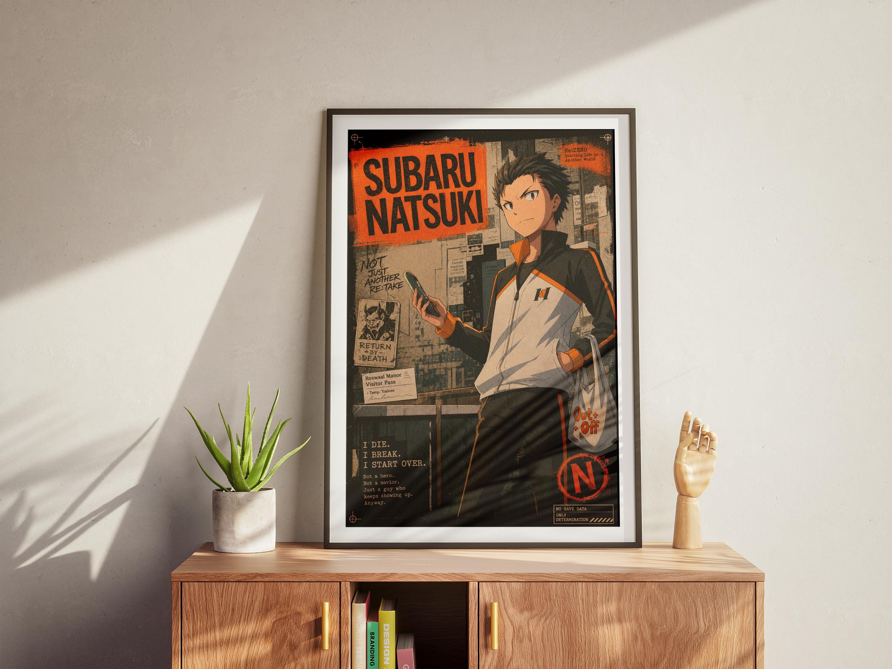 a framed poster of an anime character, specifically Subaru Natsuaki, displayed on a wooden cabinet.