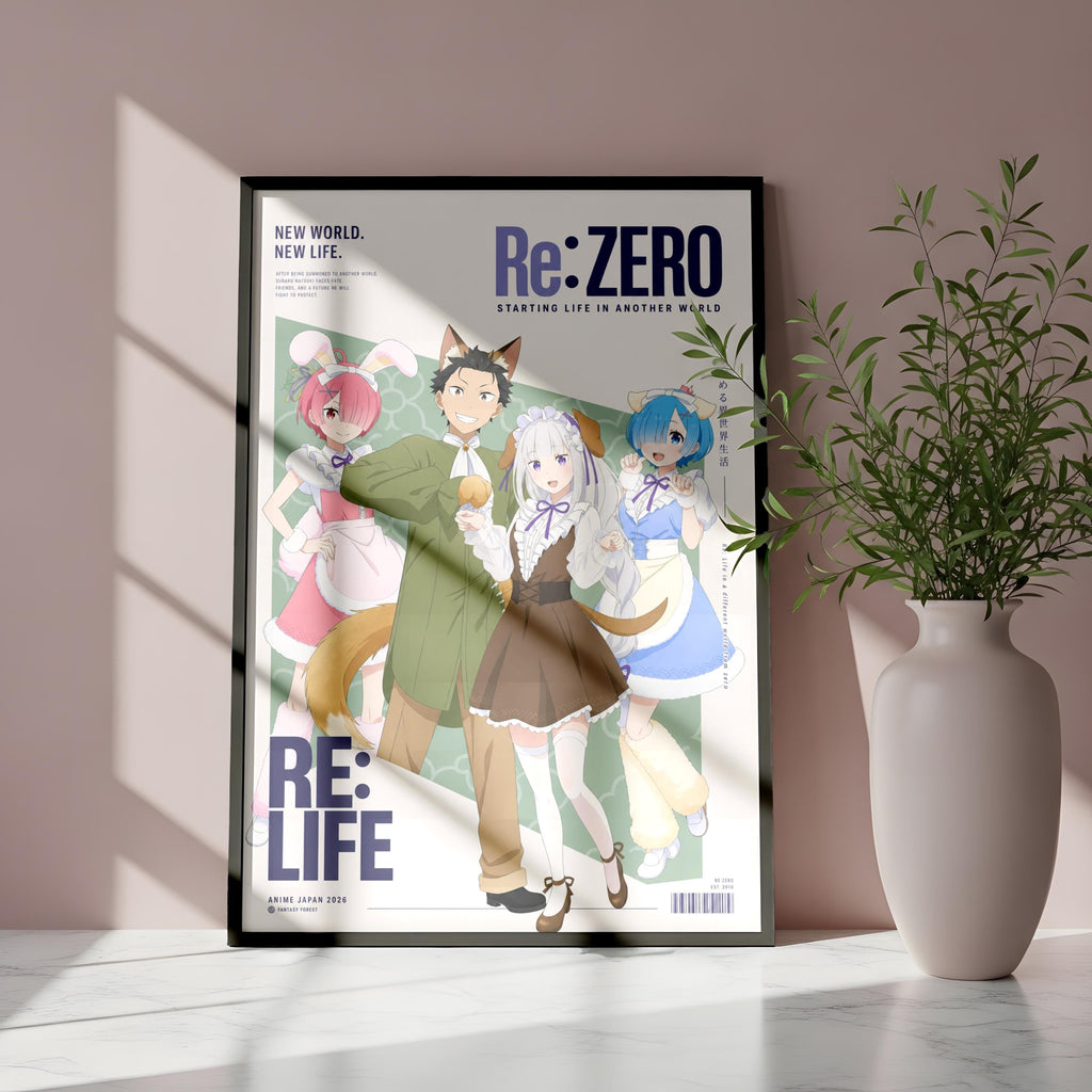 The image is a poster featuring an anime-style illustration of four characters, including a man, a woman, and two children, all dressed in colorful outfits. The poster is displayed on a wall, with a potted plant to the right side.