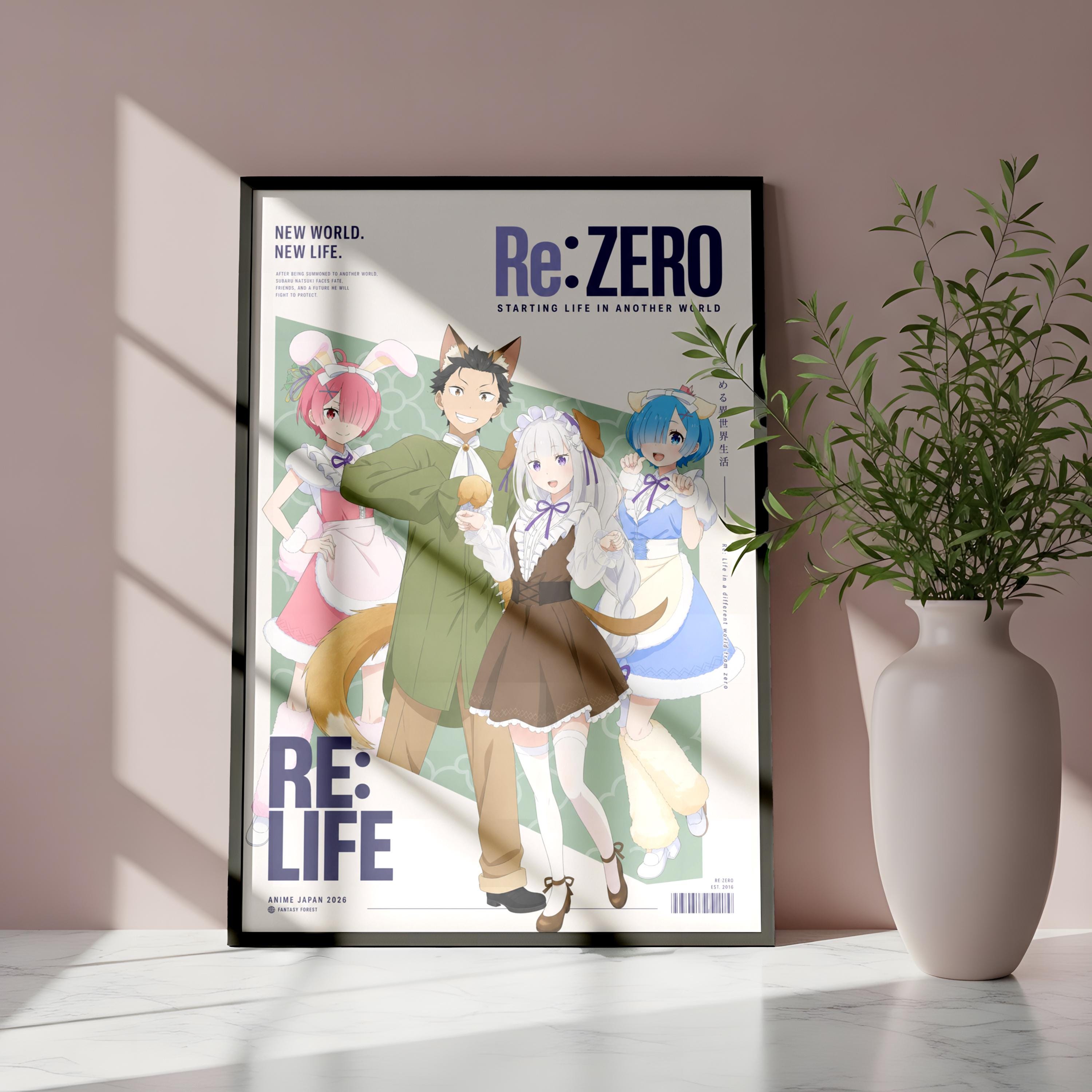 The image is a poster featuring an anime-style illustration of four characters, including a man, a woman, and two children, all dressed in colorful outfits. The poster is displayed on a wall, with a potted plant to the right side.