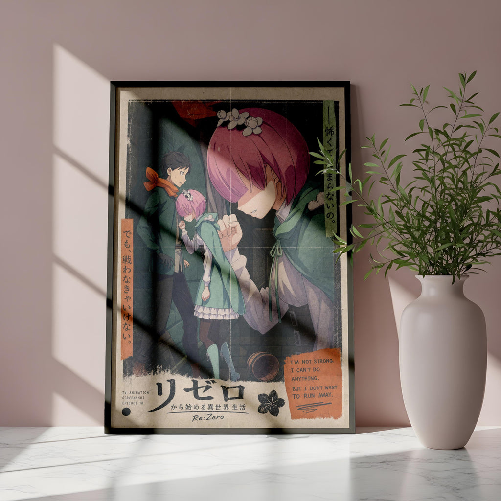 a framed poster of an anime-style illustration, with a pink-haired character and other characters in the background. The poster is placed on a pink wall, and there is a potted plant to the right of the frame.
