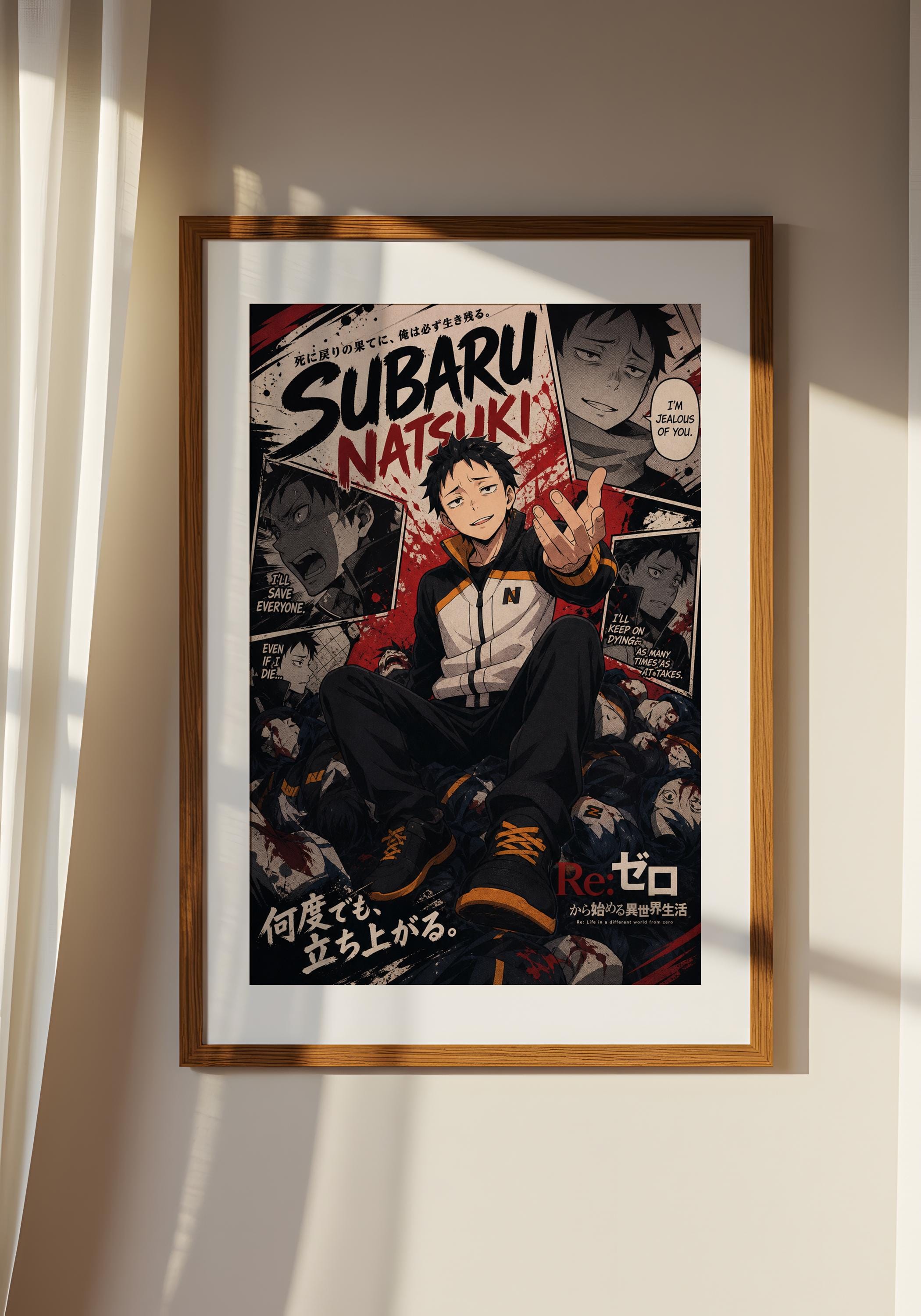 The image is a framed poster featuring an anime character, Subaru Natsuki, with various text elements and images surrounding him.