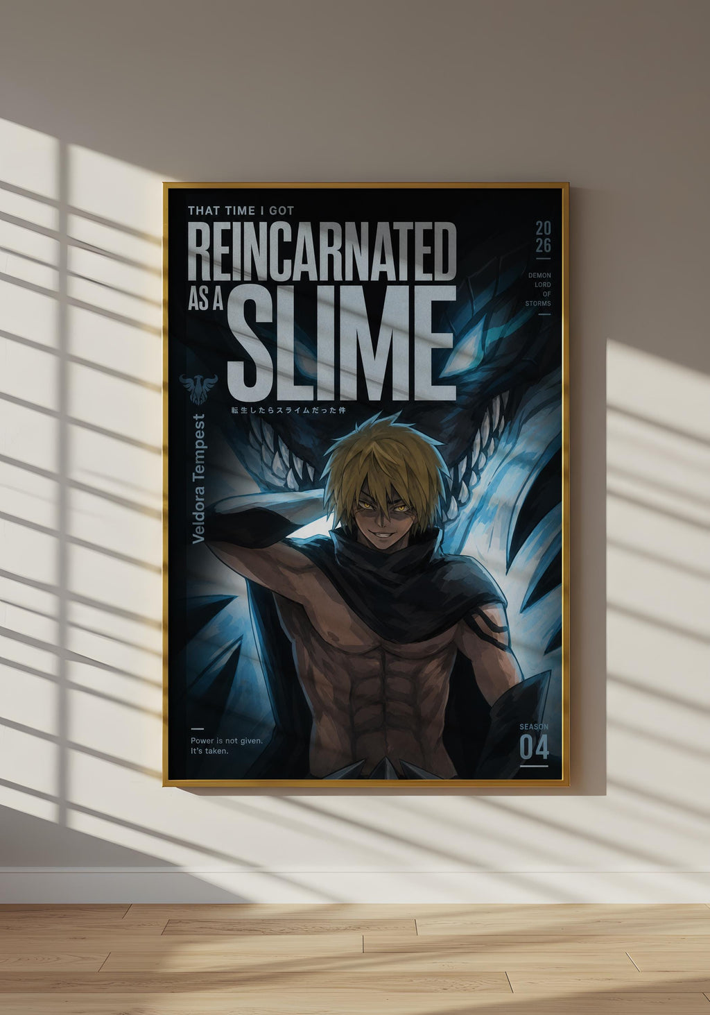 The image is a poster featuring an anime-style illustration of a muscular, blond-haired character with a serious expression, wearing a cape and holding a weapon. The poster has a dark background with a prominent title that reads "That time I got reincarnated as a slime".