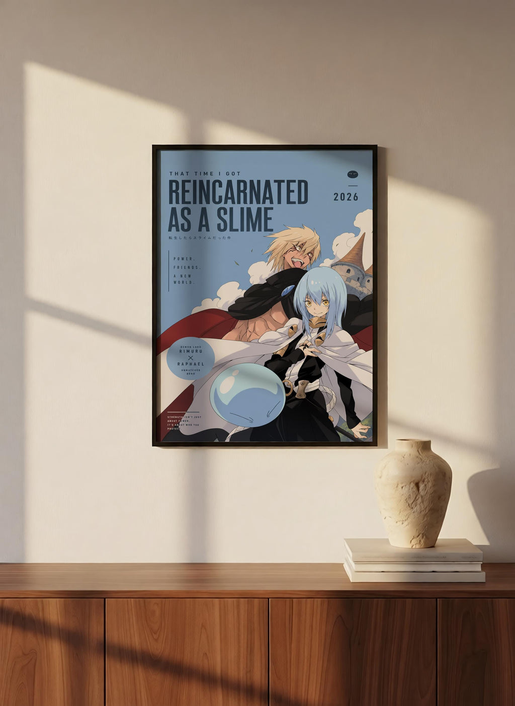 The image is a framed poster of an anime-style illustration of two characters, one with blonde hair and the other with blue hair, set against a blue background with clouds. The poster is hanging on a wall above a wooden cabinet.
