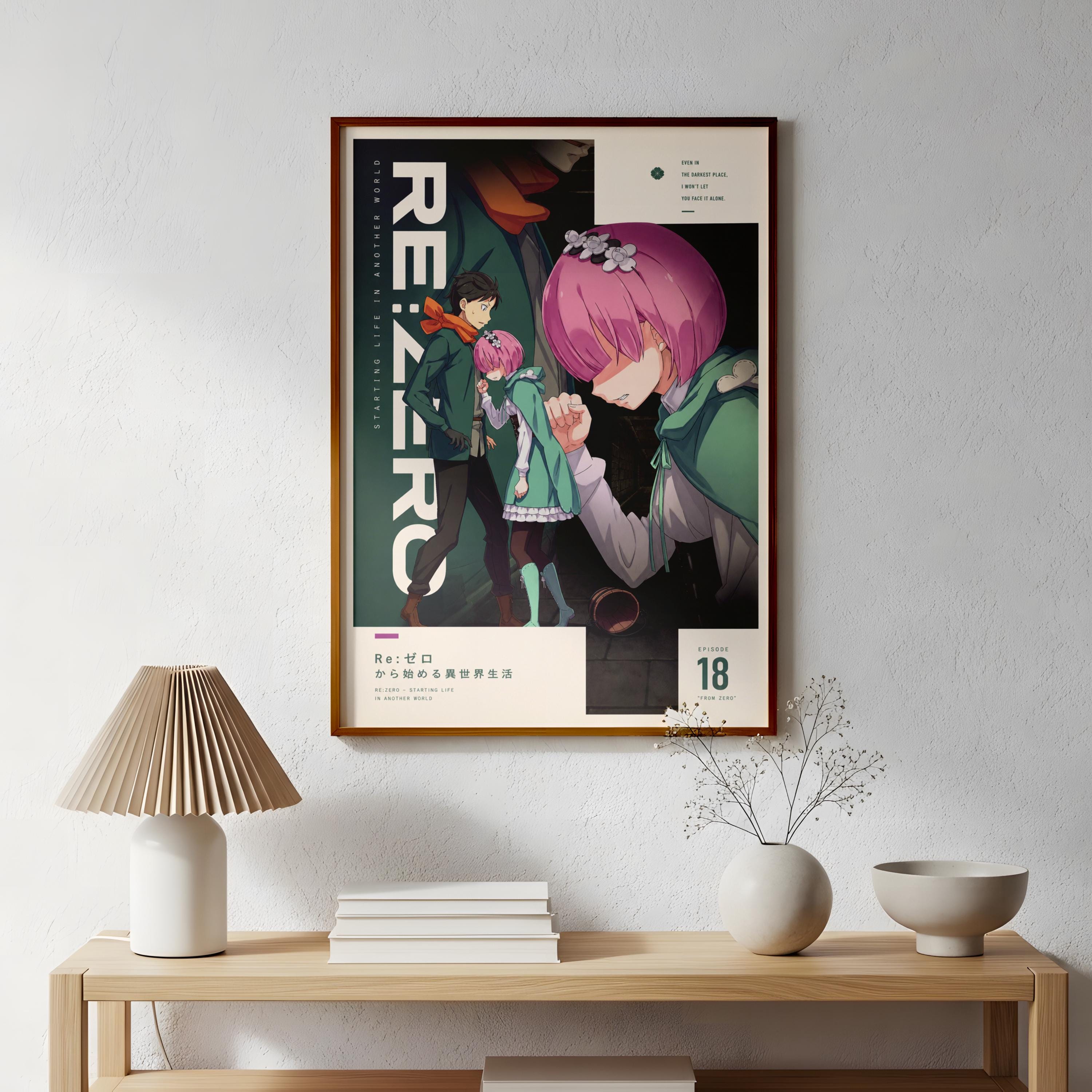 a poster of an anime character, with a wooden table below it and a lamp on the table.
