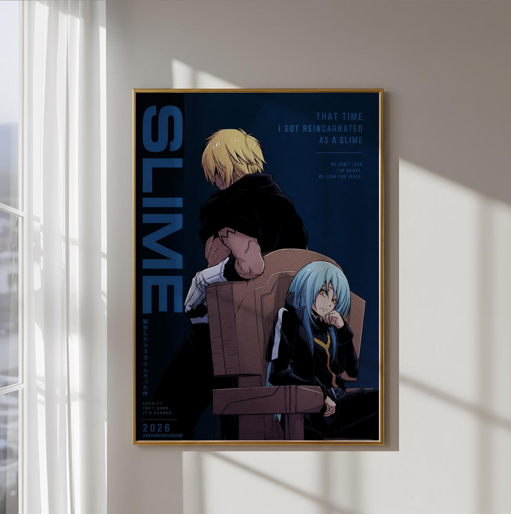 The image is a framed poster featuring two anime characters, one blonde and one blue-haired, sitting in a chair against a dark background.