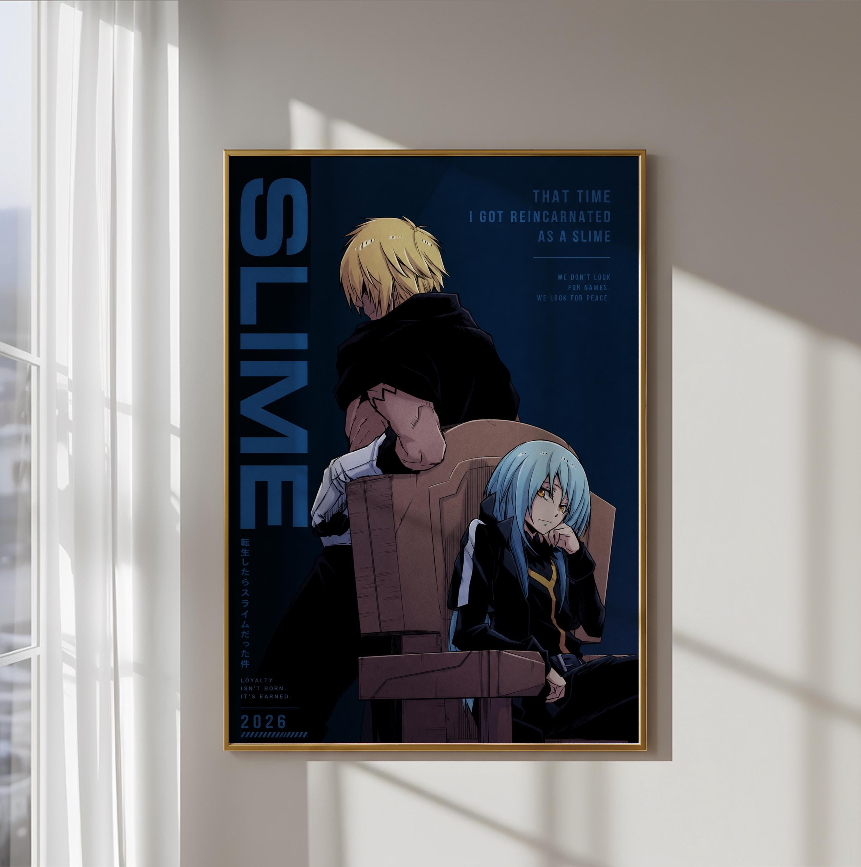 The image is a framed poster featuring two anime characters, one blonde and one blue-haired, sitting in a chair against a dark background.