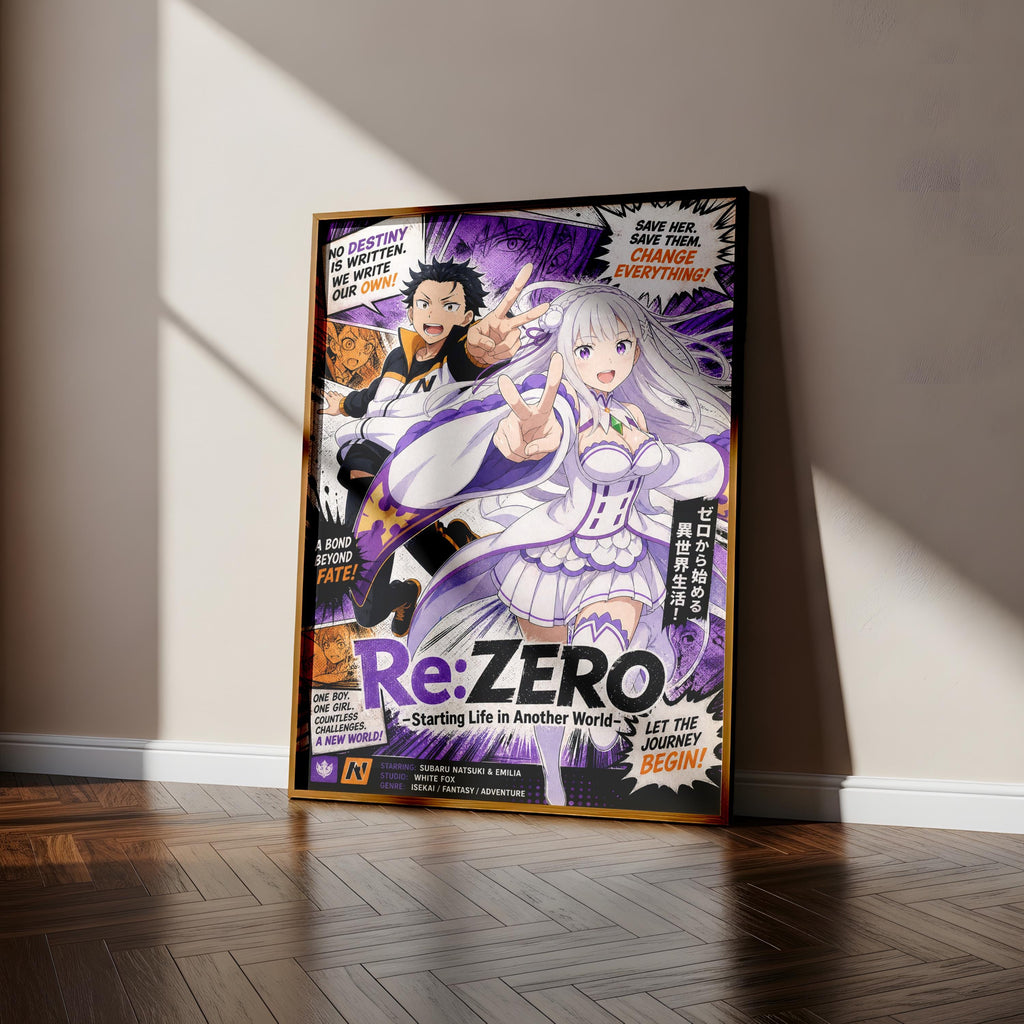 The image is a poster featuring two anime characters, one male and one female, with a colorful and dynamic design.