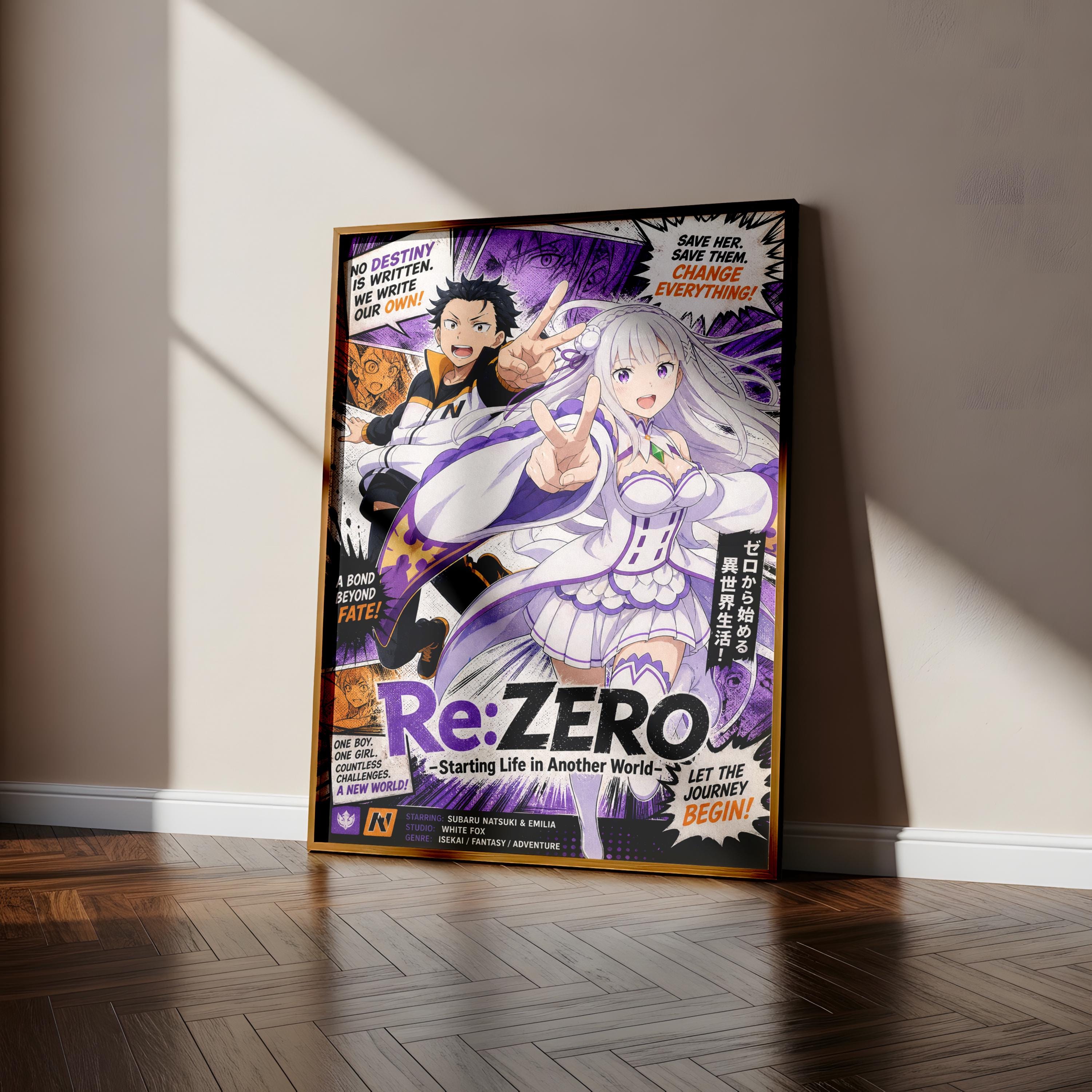 The image is a poster featuring two anime characters, one male and one female, with a colorful and dynamic design.