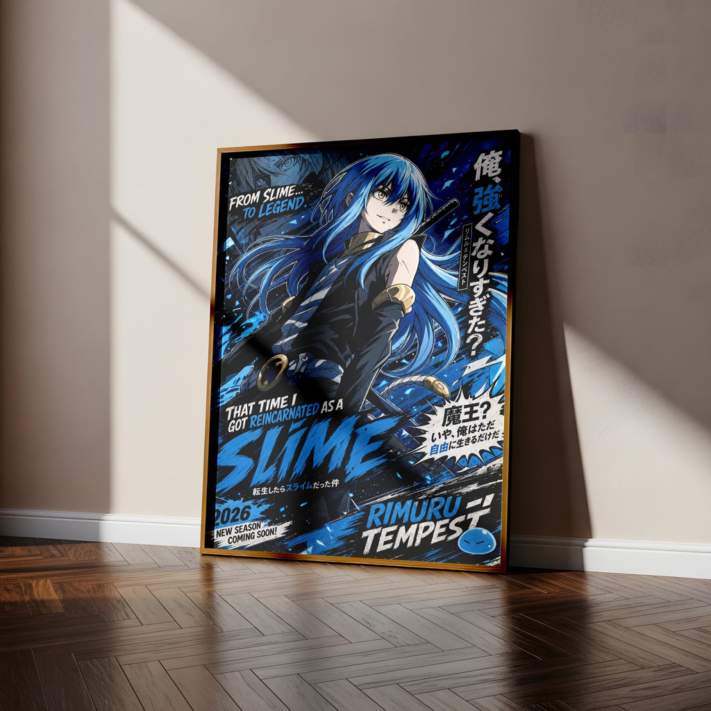 The image is a poster featuring an anime-style illustration of a character with blue hair and a sword, set against a dark background with a blue and black color scheme.