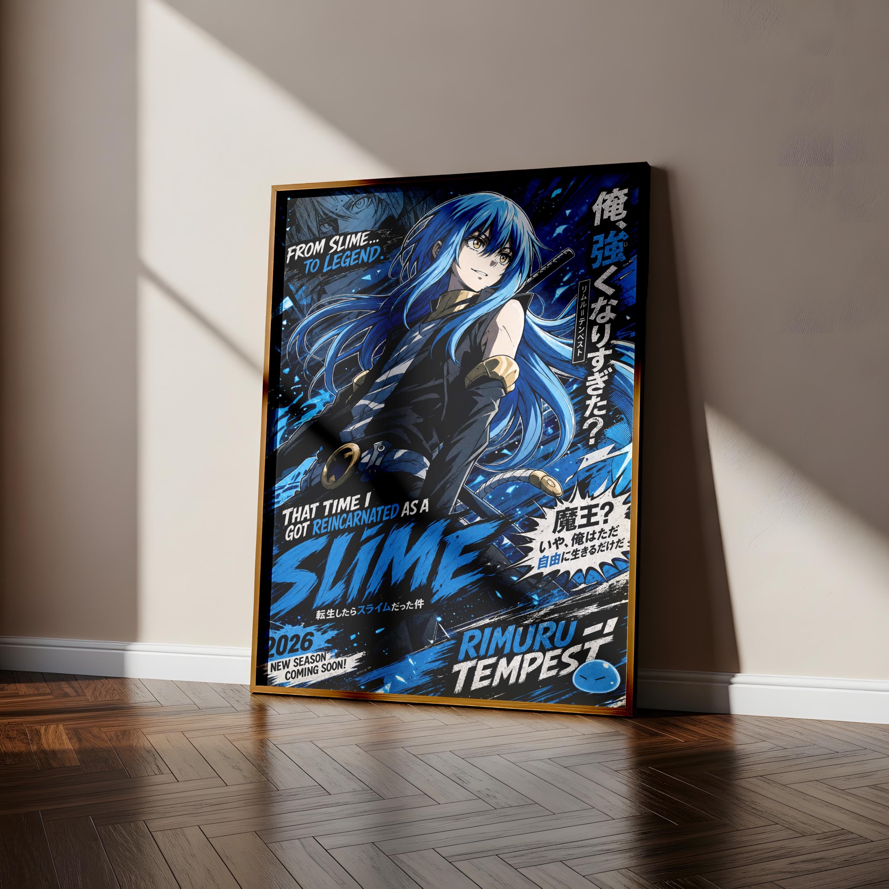 The image is a poster featuring an anime-style illustration of a character with blue hair and a sword, set against a dark background with a blue and black color scheme.