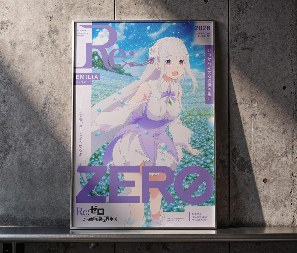 The image is a poster featuring an anime-style illustration of a young girl with white hair and a purple dress, set against a background of a field with flowers. The poster has a large text "ZERO" prominently displayed in the center, and the text "Emilia" is written in the top left corner. The poster also includes Japanese text and a date "2026" in the top right corner.