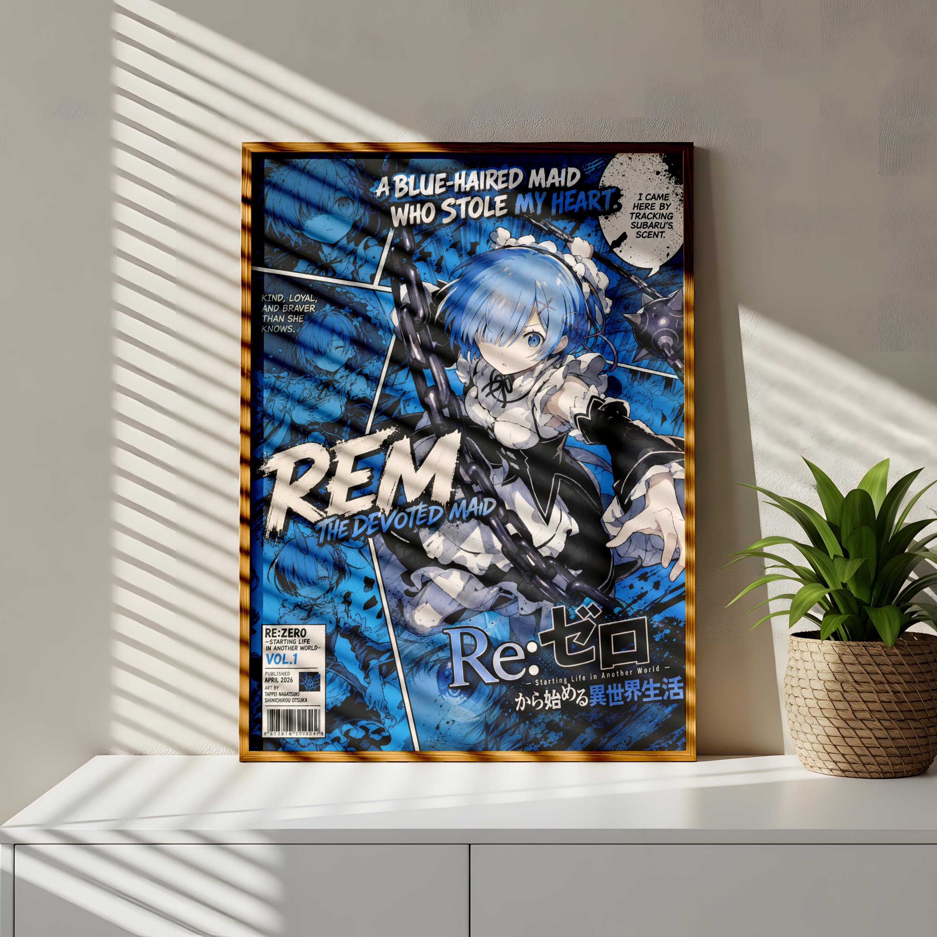 an anime-style poster of a blue-haired maid character named REM, who is depicted as a stolen heart. The poster is framed and displayed on a shelf next to a potted plant.