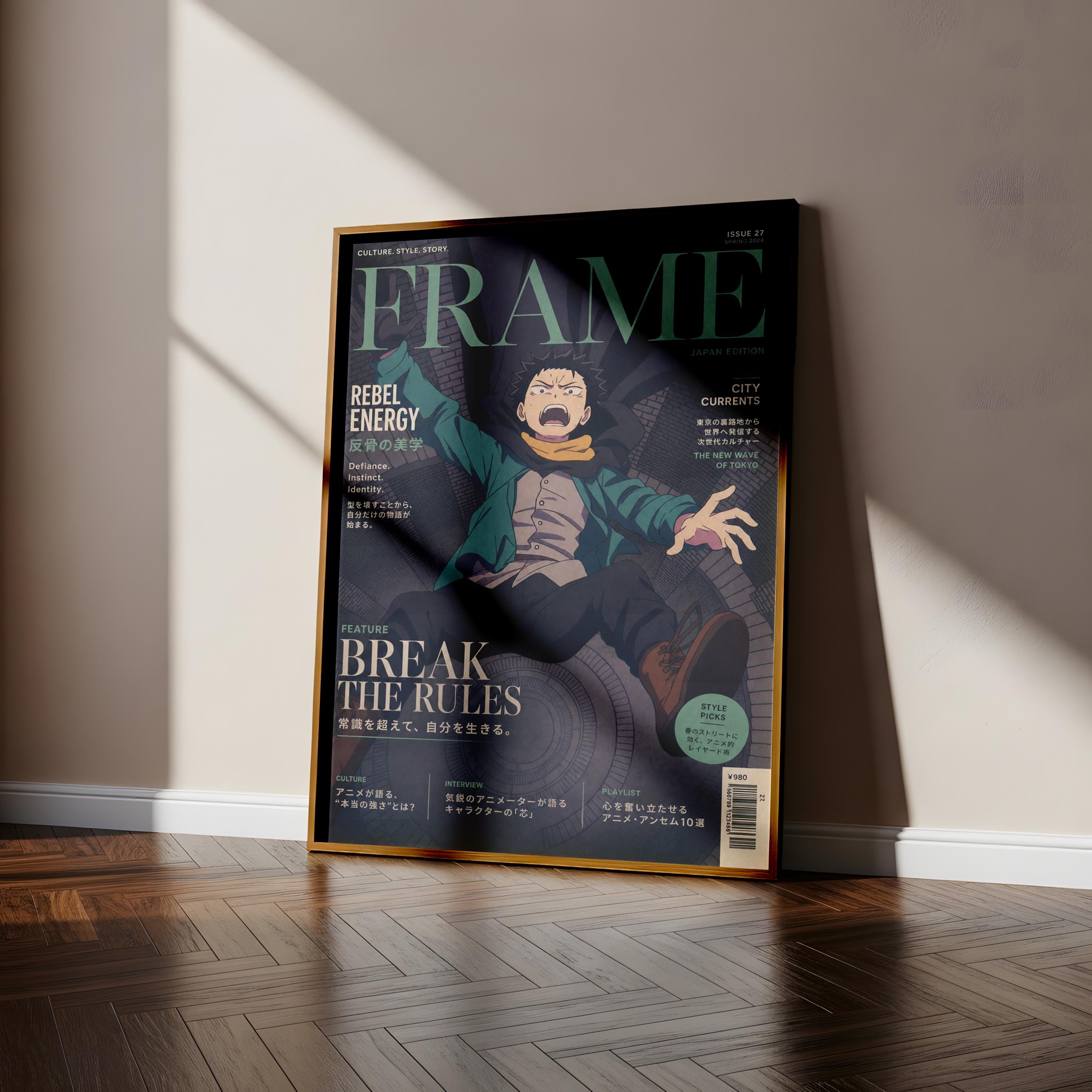 a poster of a person with a surprised expression, standing on a wooden floor against a white wall.