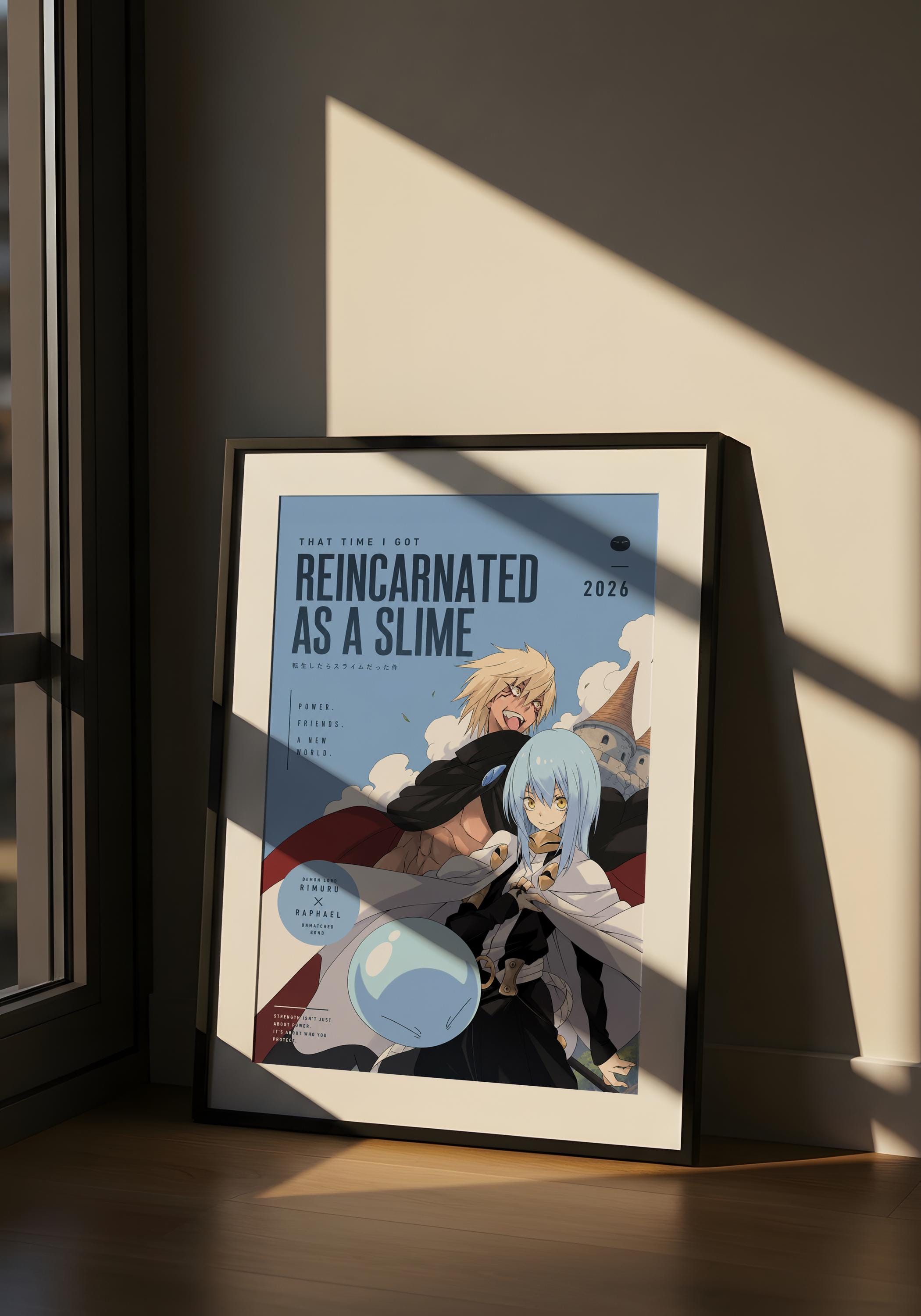 The image is a poster or framed artwork featuring two anime characters, one male and one female, with the title "That Time I Got Reincorporated as a Slime" and the year "2026".