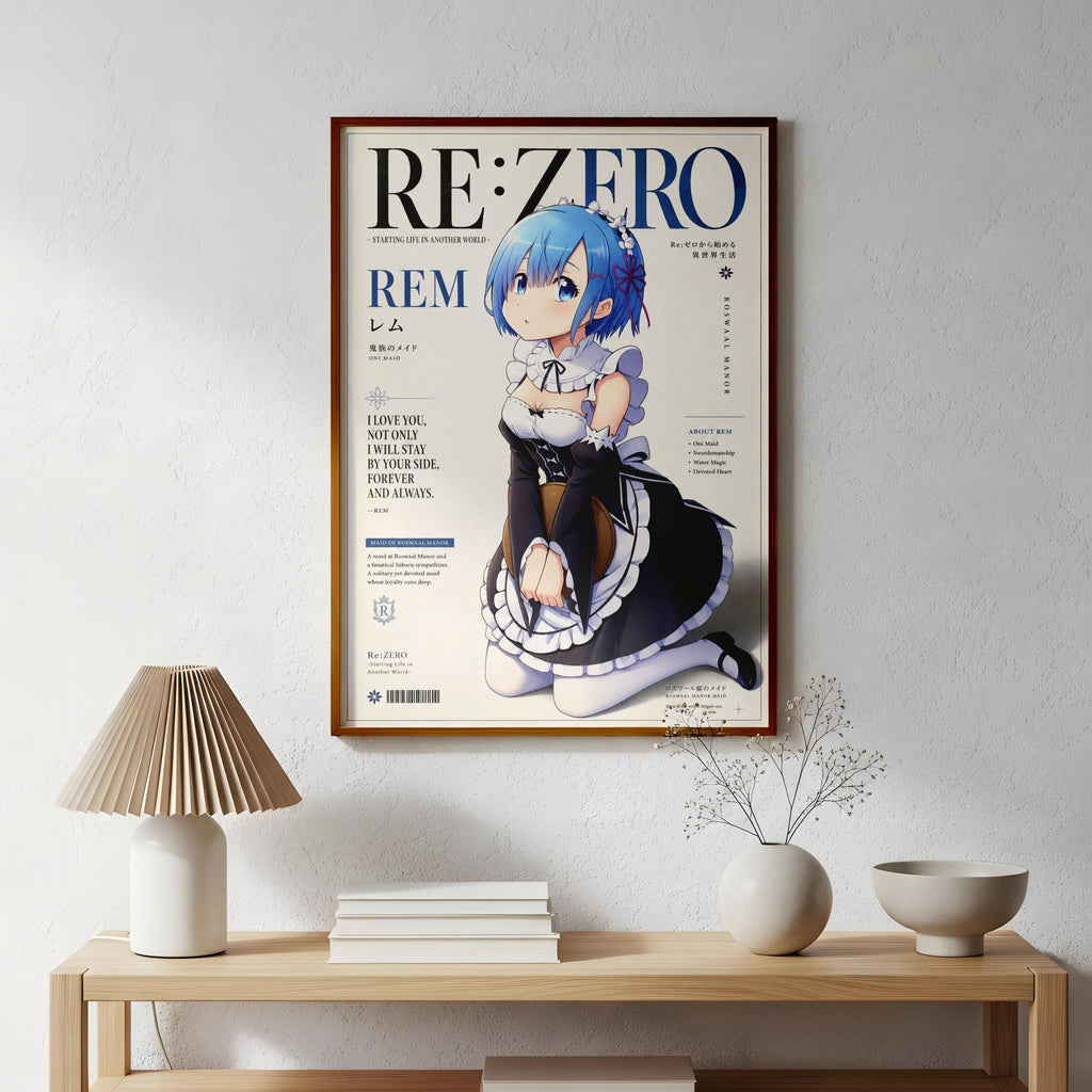 a poster of an anime character, specifically Rem, hanging on a wall above a wooden table with a lamp and some decorative items.