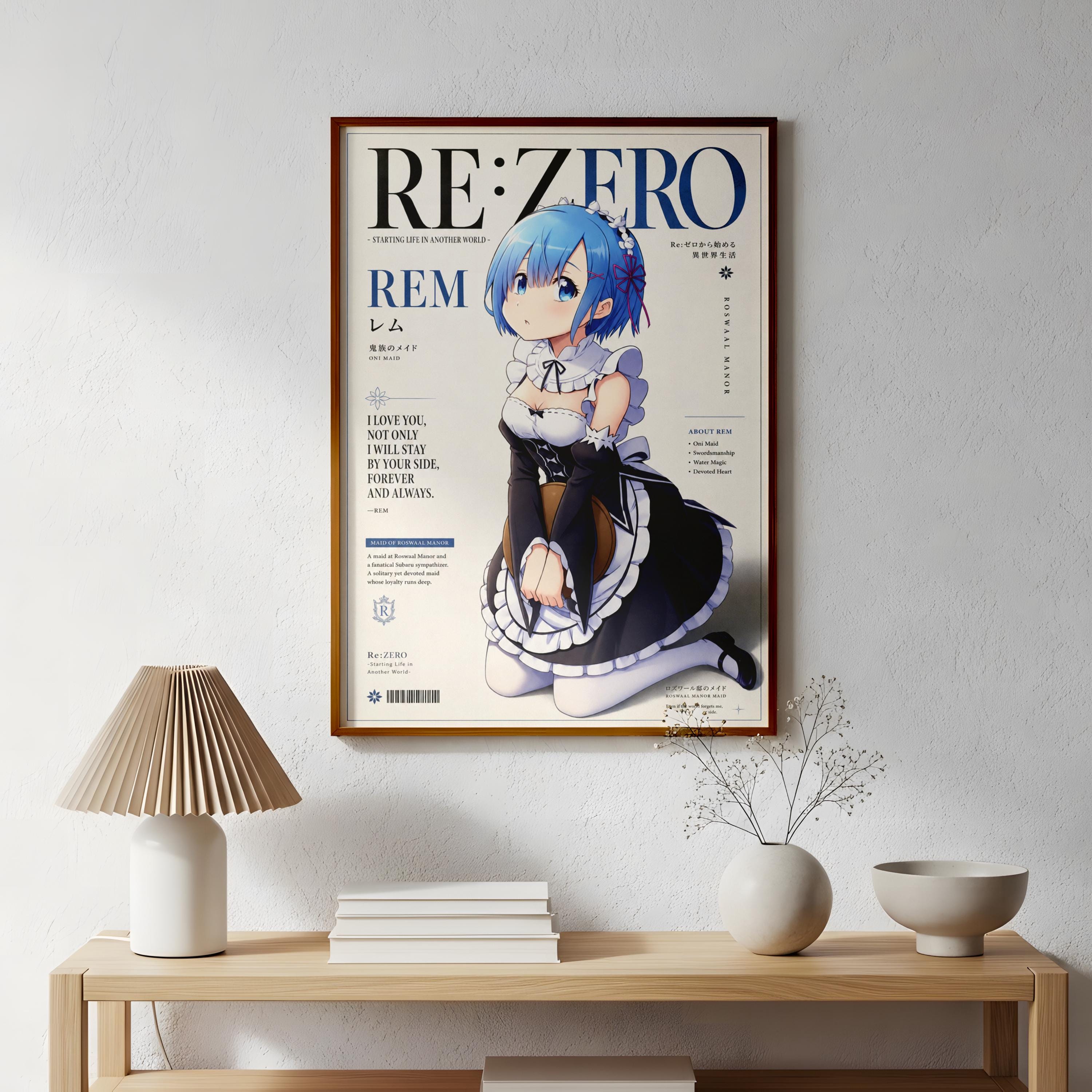a poster of an anime character, specifically Rem, hanging on a wall above a wooden table with a lamp and some decorative items.