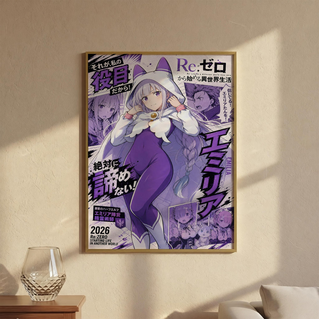 The image is a poster featuring an anime-style illustration of a female character with a hooded cloak, surrounded by various text elements and images.