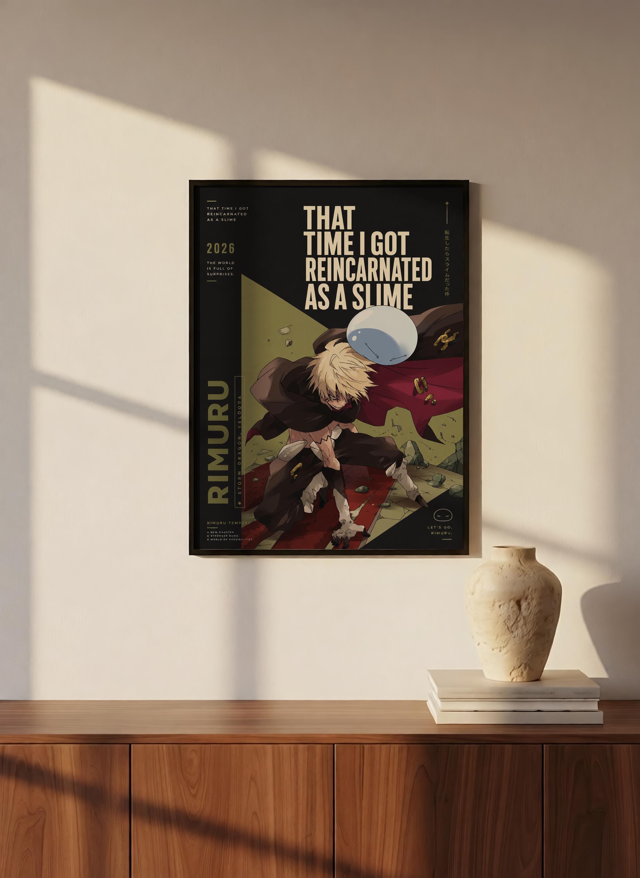 a poster of a character with a large white ball on their head, surrounded by a colorful background.