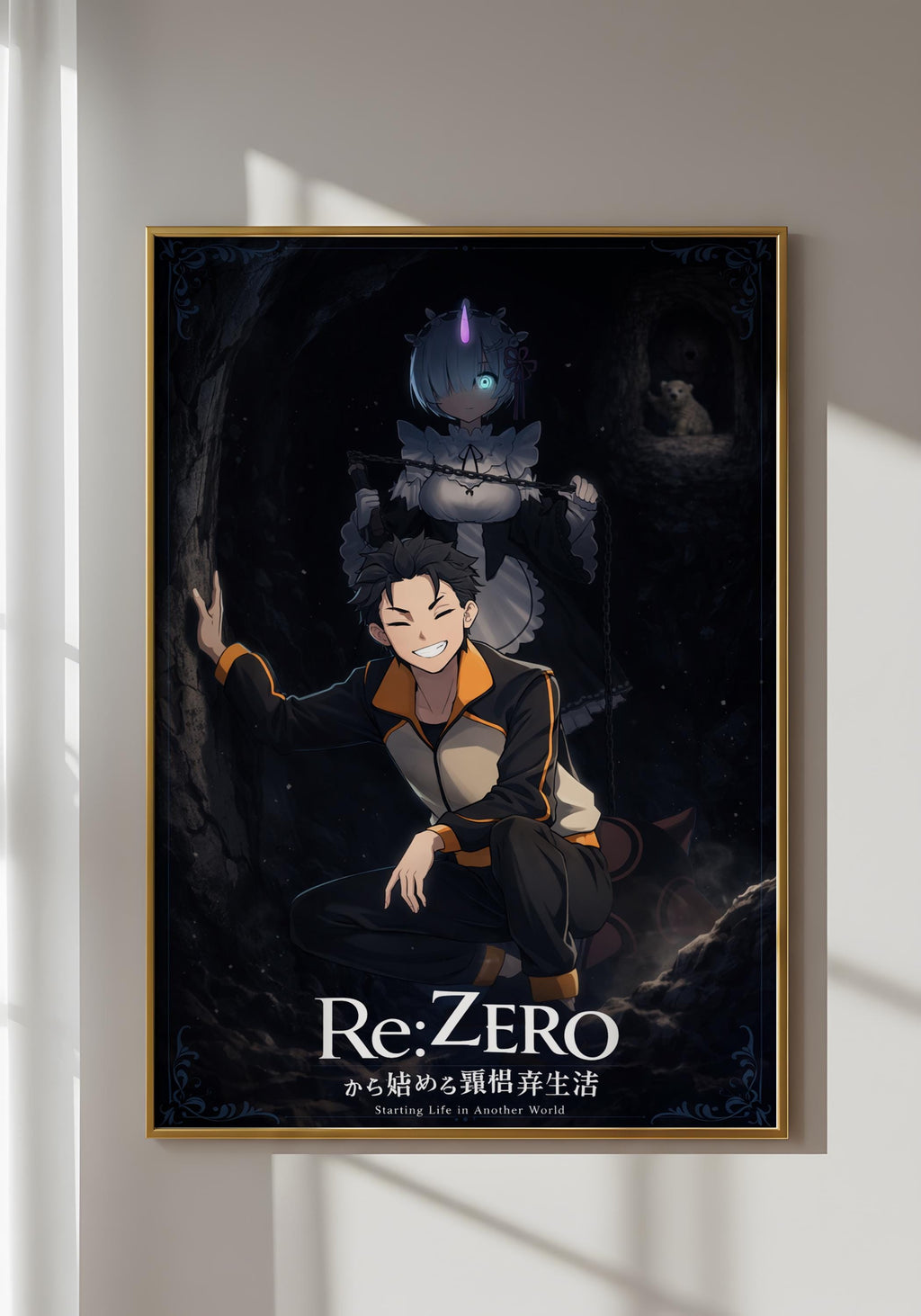 The image is a poster featuring an anime-style illustration of a character in a dark, mysterious setting. The character is wearing a black and orange outfit and has a purple headpiece. The poster is framed and displayed on a wall, with the title "Re: Zero" prominently featured.