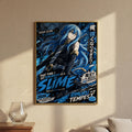 The image is a poster featuring an anime-style illustration of a character with blue hair and a sword, surrounded by a blue and black color scheme. The poster includes Japanese text and announces a new season of the anime series "Slime".