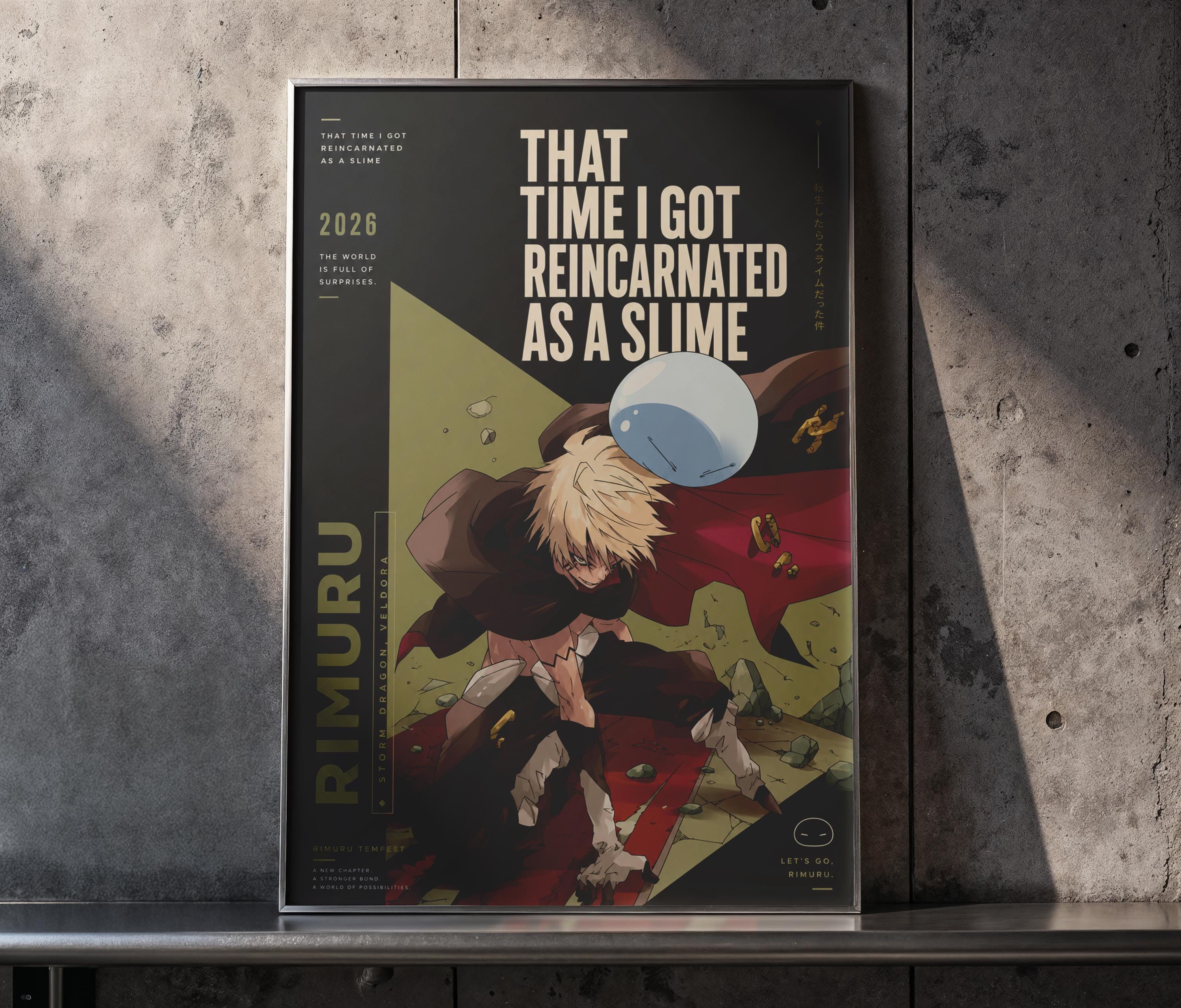 The image is a poster featuring an anime character, specifically Rimuru, who is depicted as a slimy creature. The poster has a dark background with text and an illustration of Rimuru.
