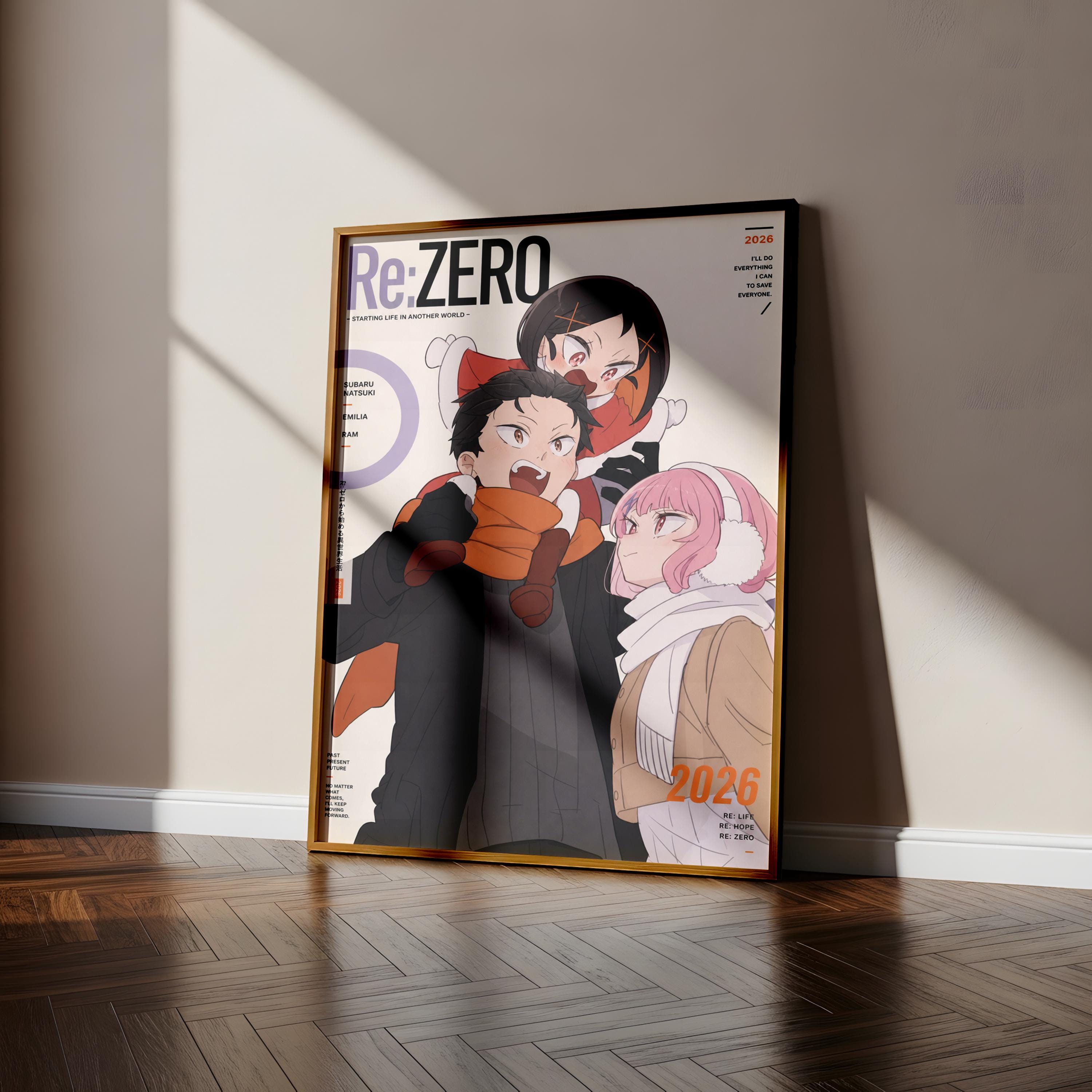 a poster of anime characters, including a man, a woman, and a child, standing together in a room.