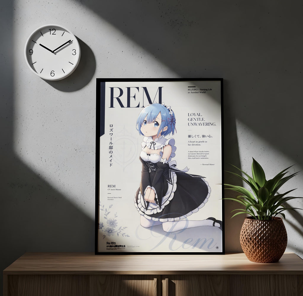 a poster of an anime character, specifically REM, with a clock on the wall above it. The poster is framed and displayed on a wooden surface, with a potted plant to the right.