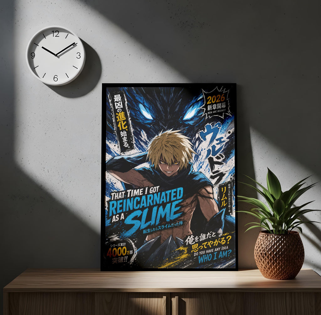 a poster of a character with a large, menacing creature behind them, and the poster has a clock on the wall above it.
