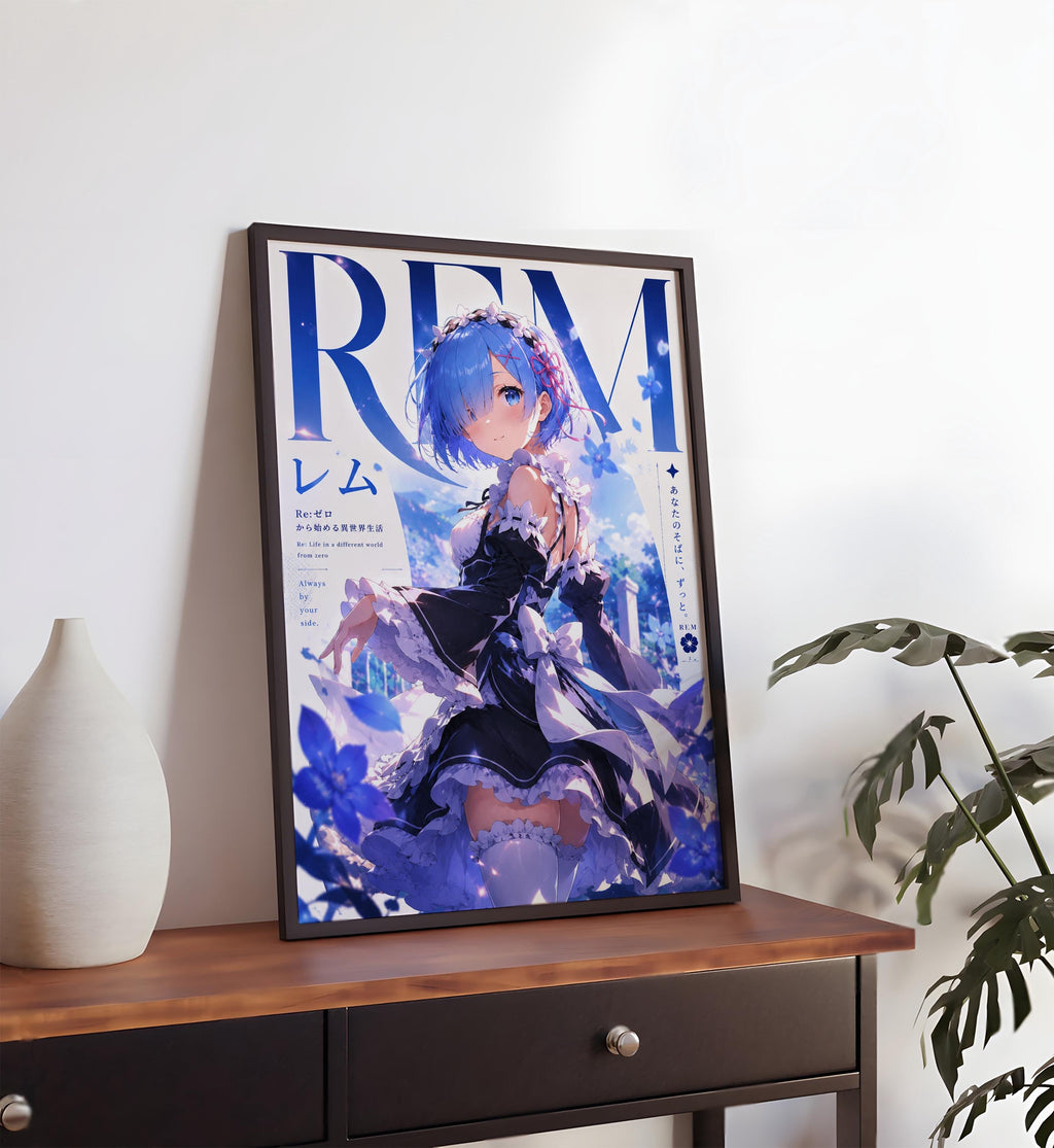 an anime-style poster of a young girl with blue hair, dressed in a black and white outfit, standing in a fantastical, dreamlike landscape.