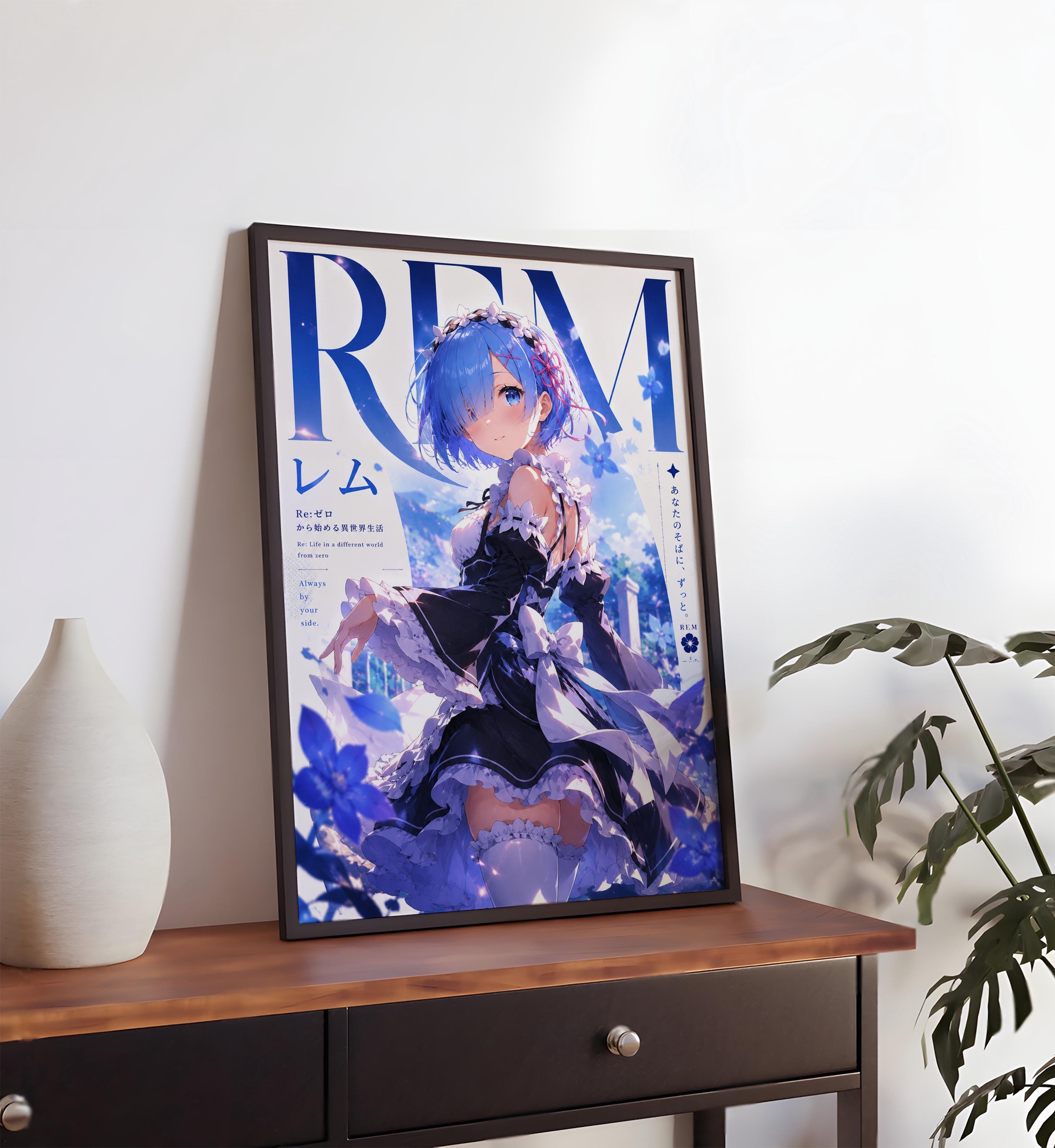 an anime-style poster of a young girl with blue hair, dressed in a black and white outfit, standing in a fantastical, dreamlike landscape.