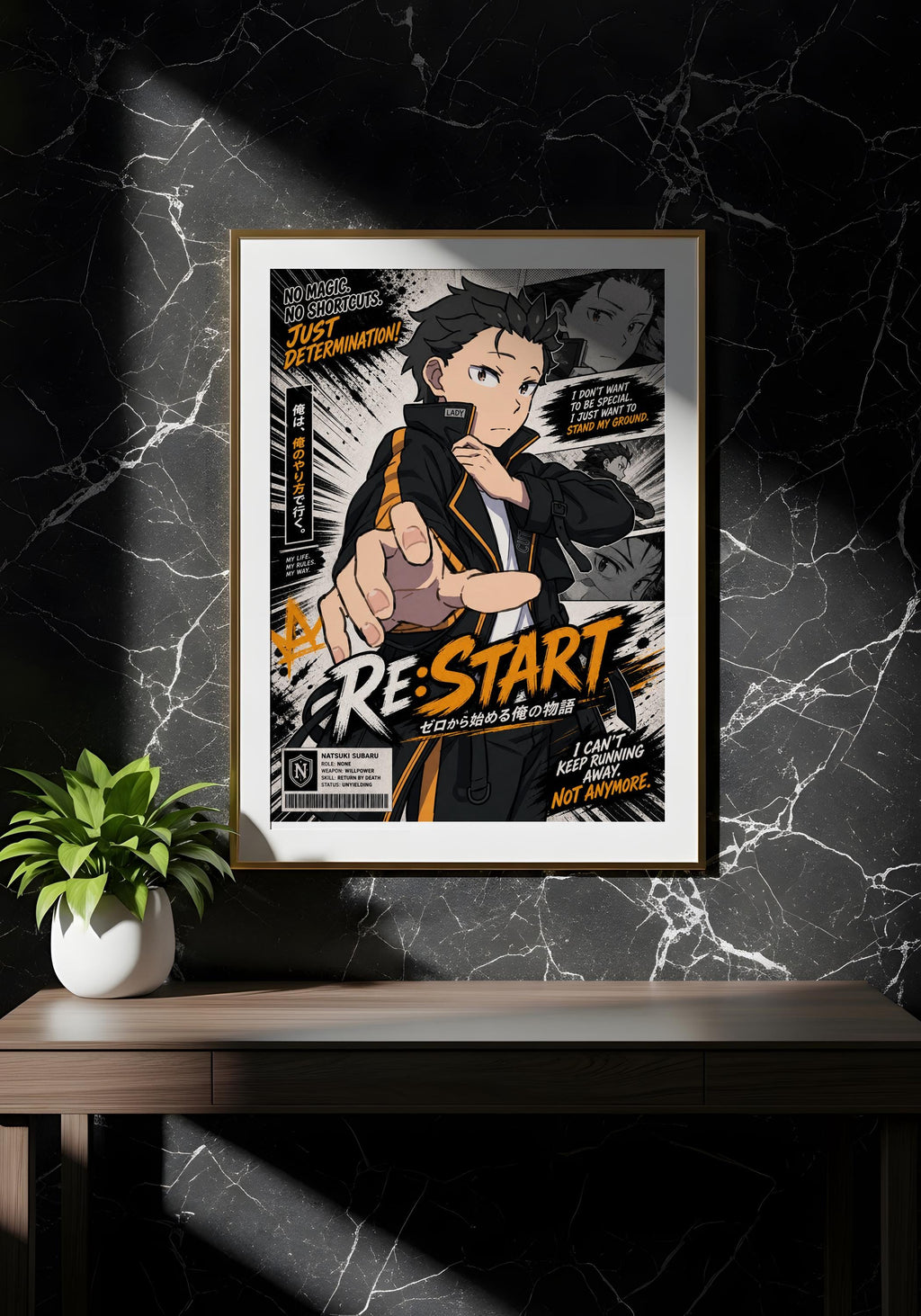 The image is a framed poster featuring an anime-style character with a determined expression, surrounded by text and graphics.