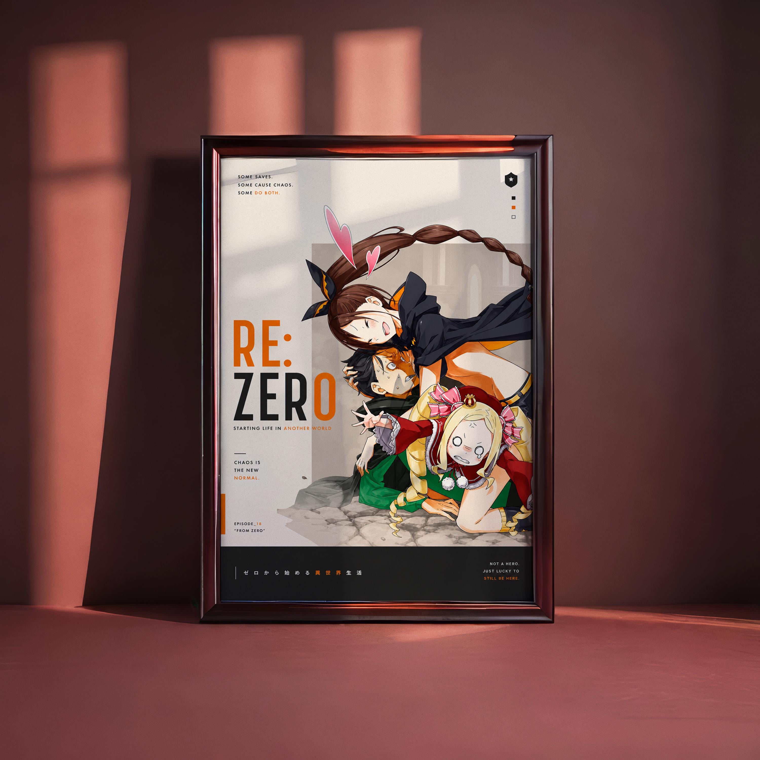 The image is a poster featuring an anime-style illustration of three characters, with a bold title "RE: ZERO" prominently displayed. The poster is framed and placed on a red surface, with a shadow cast on the wall behind it.