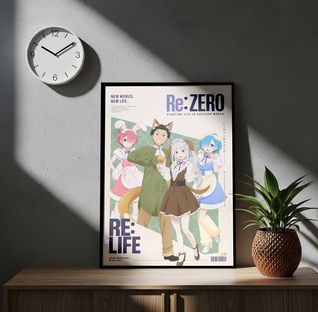 a poster of anime characters, including a clock on the wall and a potted plant on a wooden surface.