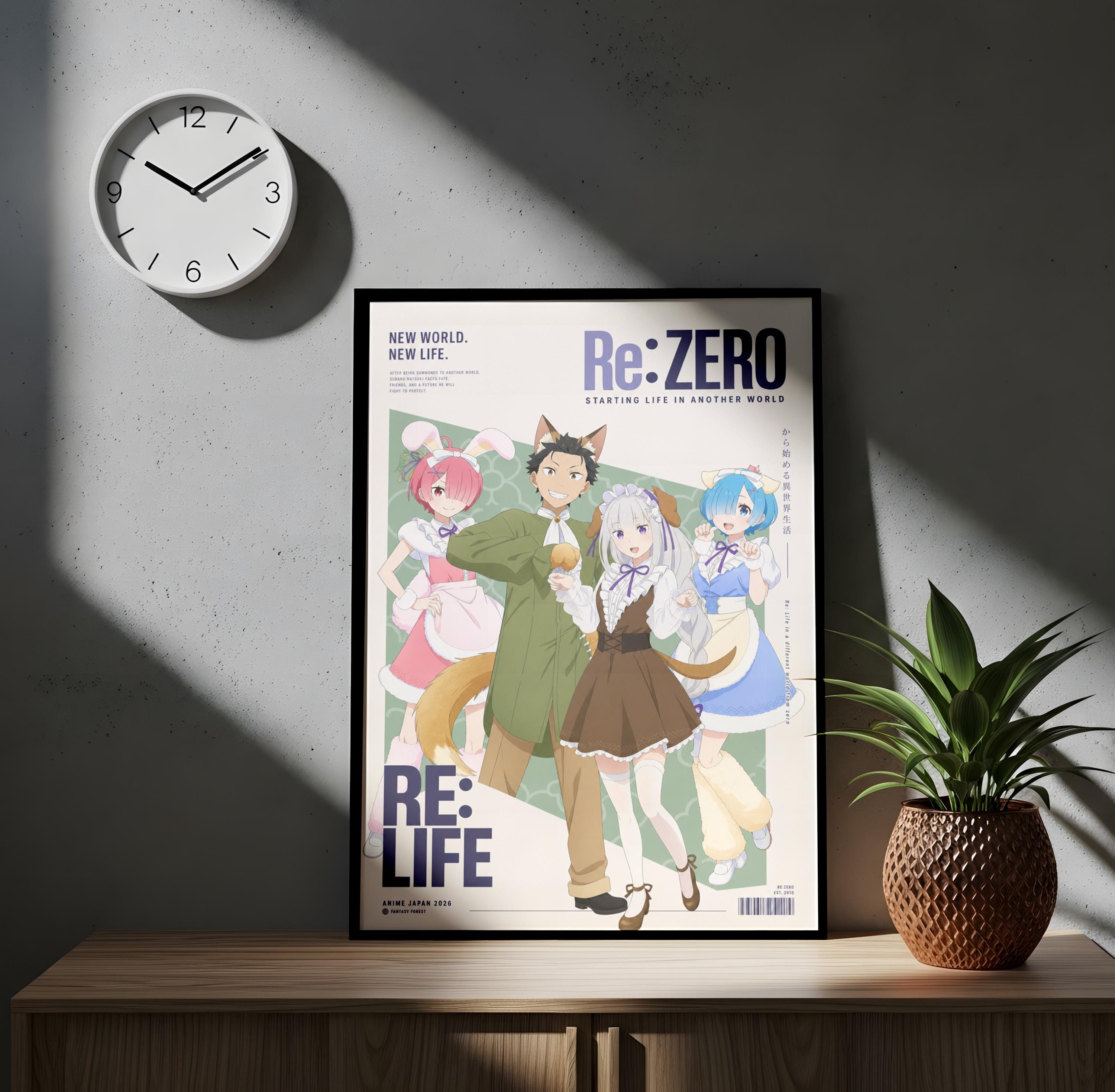 a poster of anime characters, including a clock on the wall and a potted plant on a wooden surface.