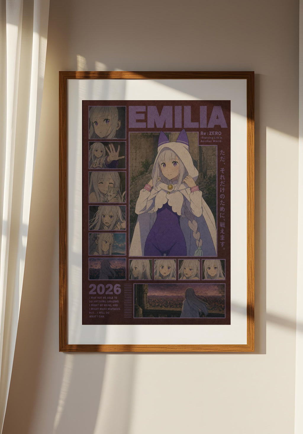 The image is a framed poster featuring an anime-style illustration of a young girl with a purple outfit and a white headband. The poster is titled "Emilia" and includes a collage of smaller images depicting various scenes or moments related to the character. The poster is hanging on a wall, and there is a window in the background.