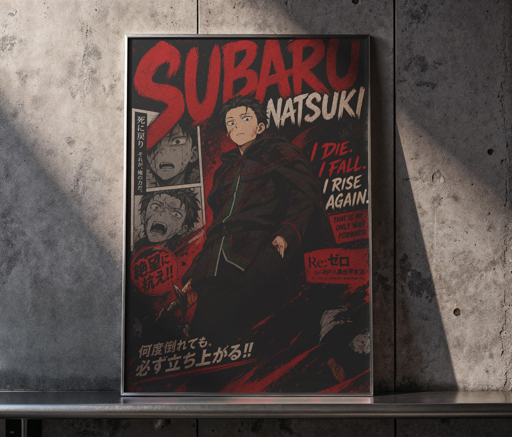 The image is a poster featuring an anime character, Subaru Natsuaki, with a dramatic and intense design.