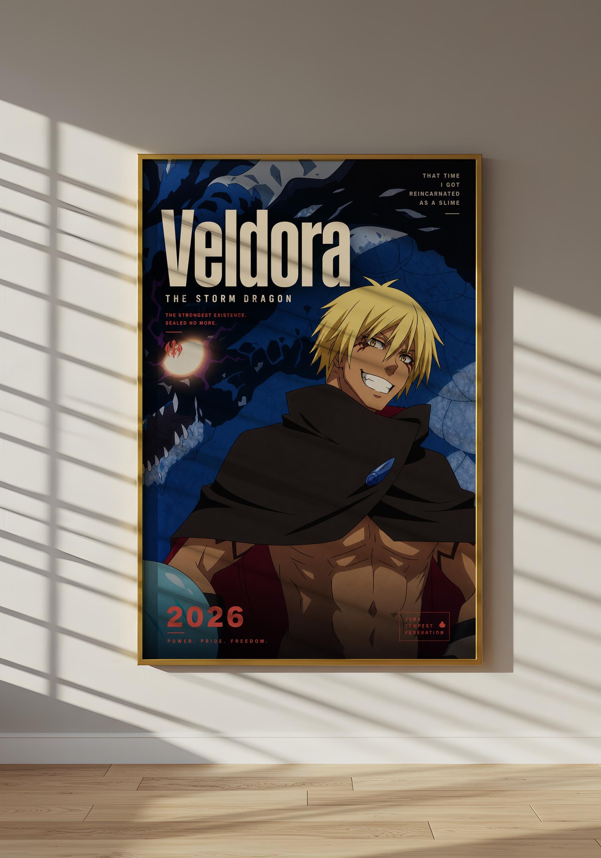 The image is a poster featuring an anime character with a blue background and a black and white illustration of a storm dragon. The character is wearing a black cape and has a smiling expression.