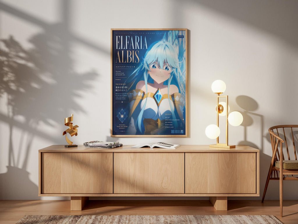 Elfaria Albis Poster - Vibrant Fantasy Art Print with Magic Wand and Sword Design