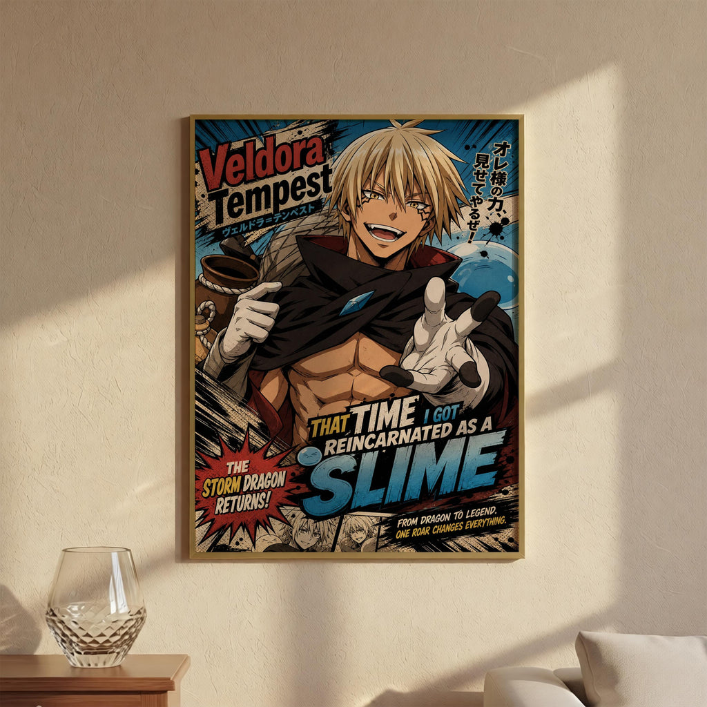 The image is a poster featuring an animated character with blonde hair and a dragon costume, who is described as a "reinCARNATED AS A SLIME" and "FROM DRAGON TO LEGEND". The poster is hanging on a wall, and there is a glass vase placed on a table nearby.