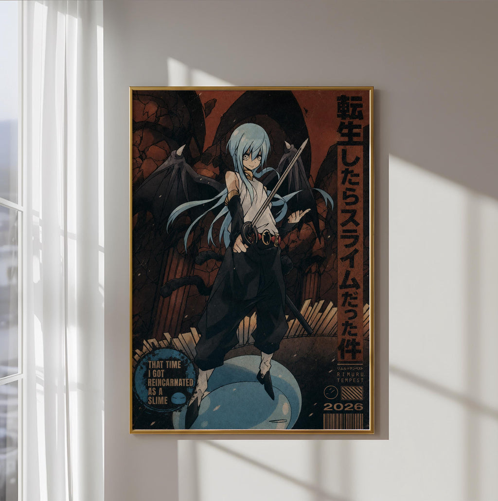 The image is a framed poster featuring an anime-style illustration of a character with blue hair and a sword, set against a dark, fantastical background.