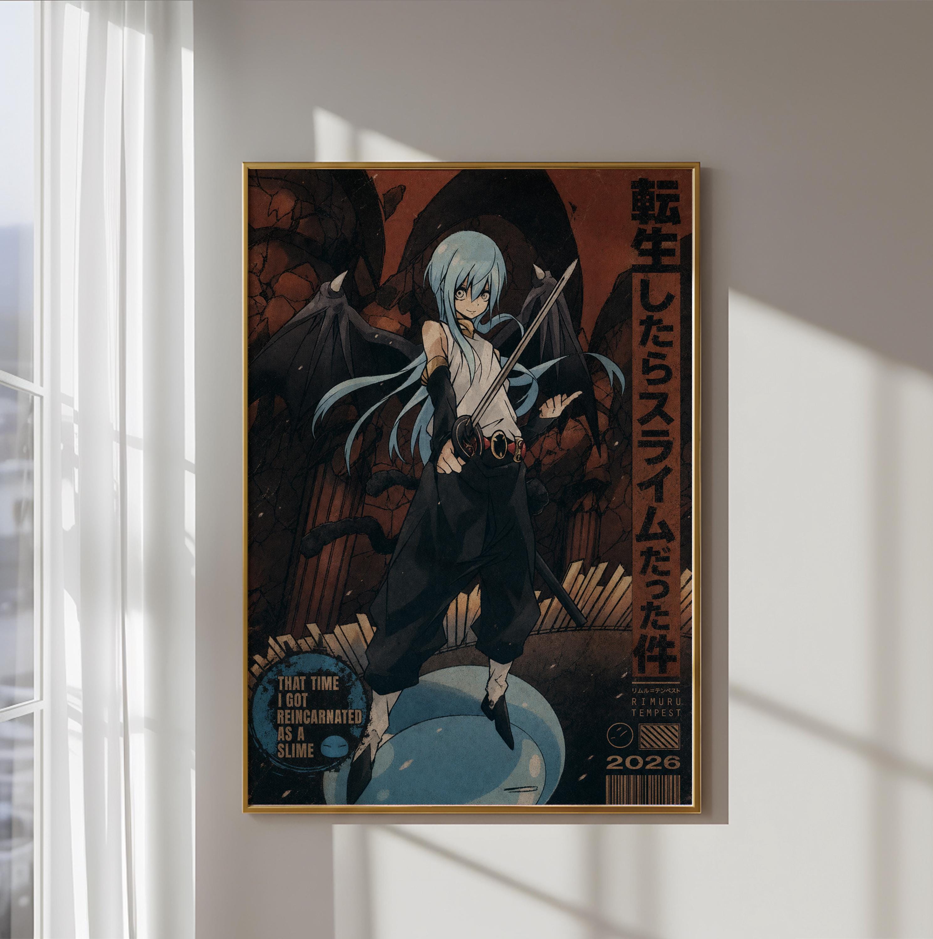 The image is a framed poster featuring an anime-style illustration of a character with blue hair and a sword, set against a dark, fantastical background.