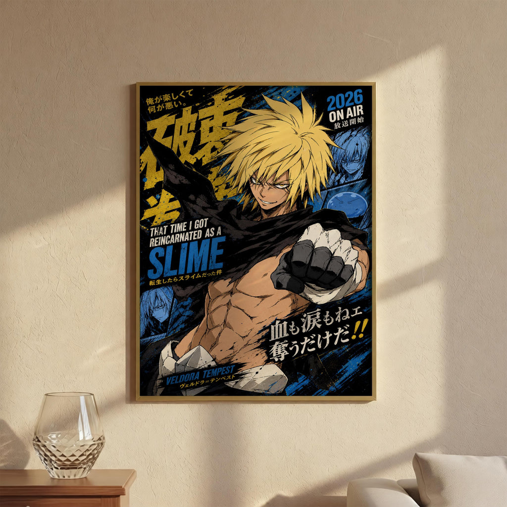 The image is a poster featuring a muscular, blond-haired character with a determined expression, surrounded by various texts and graphics.