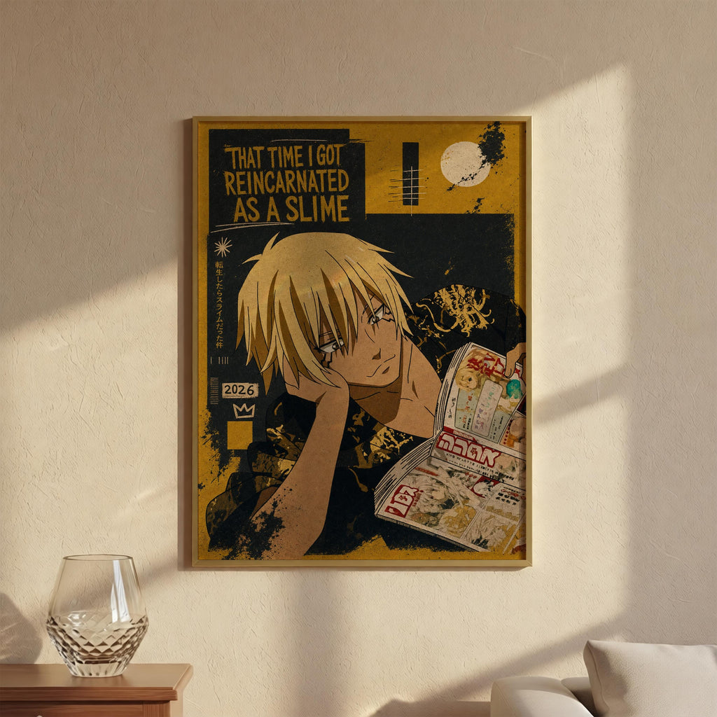 The image is a framed poster featuring an anime-style illustration of a character with a serious expression, surrounded by various elements such as text, symbols, and a moon.