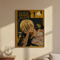 The image is a framed poster featuring an anime-style illustration of a character with a serious expression, surrounded by various elements such as text, symbols, and a moon.