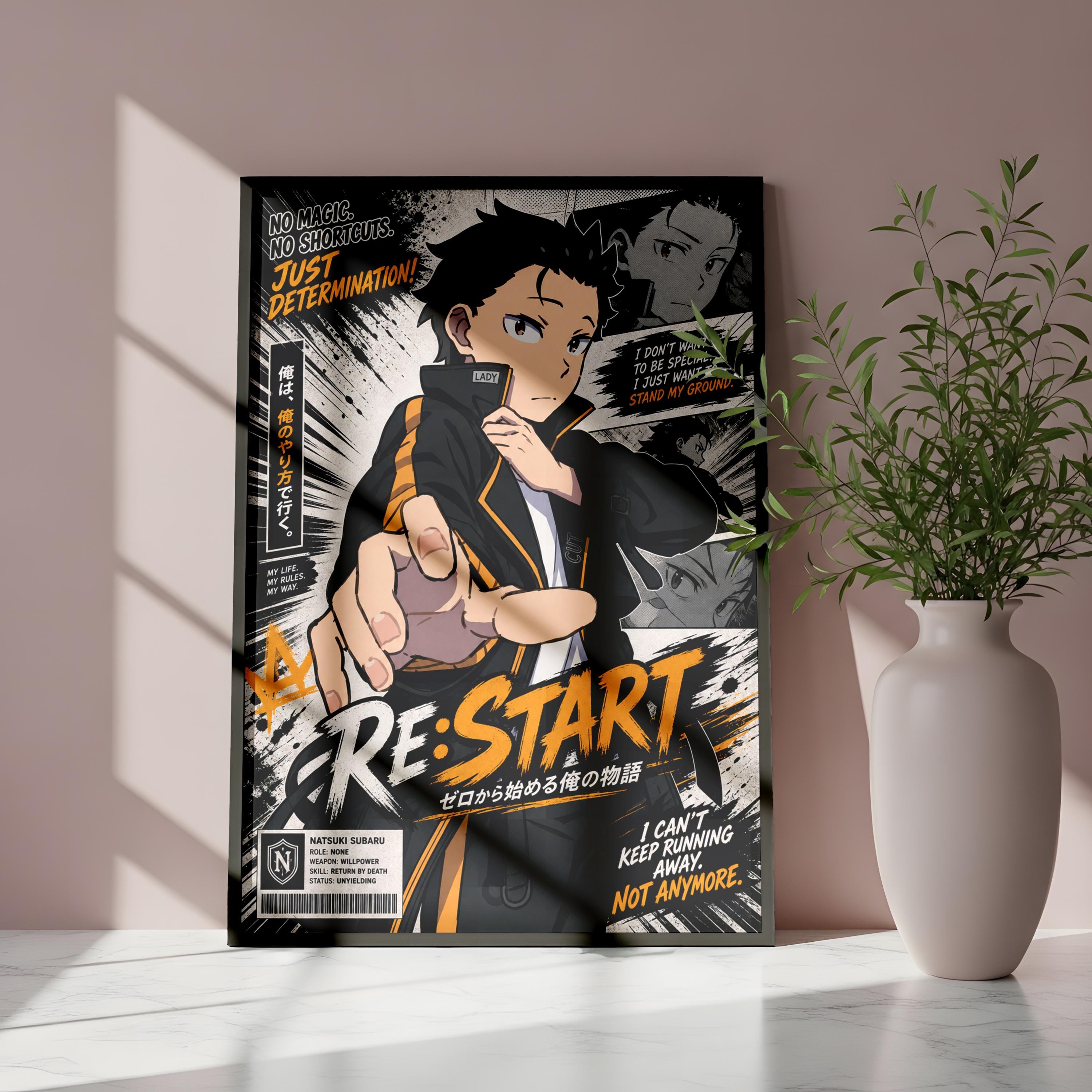 The image is a poster featuring an anime-style character with a determined expression, surrounded by various text elements and a plant in a white vase.