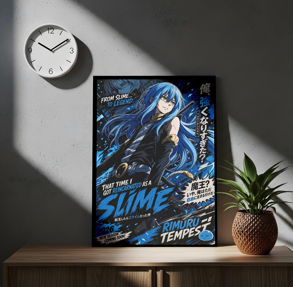 a poster of an anime character with a clock on the wall above it.