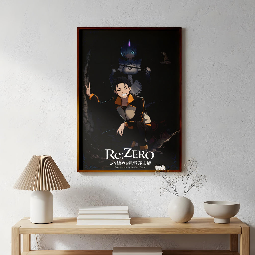 a poster of a character from the anime series "Re:ZERO" displayed on a wall above a wooden table with various items on it.