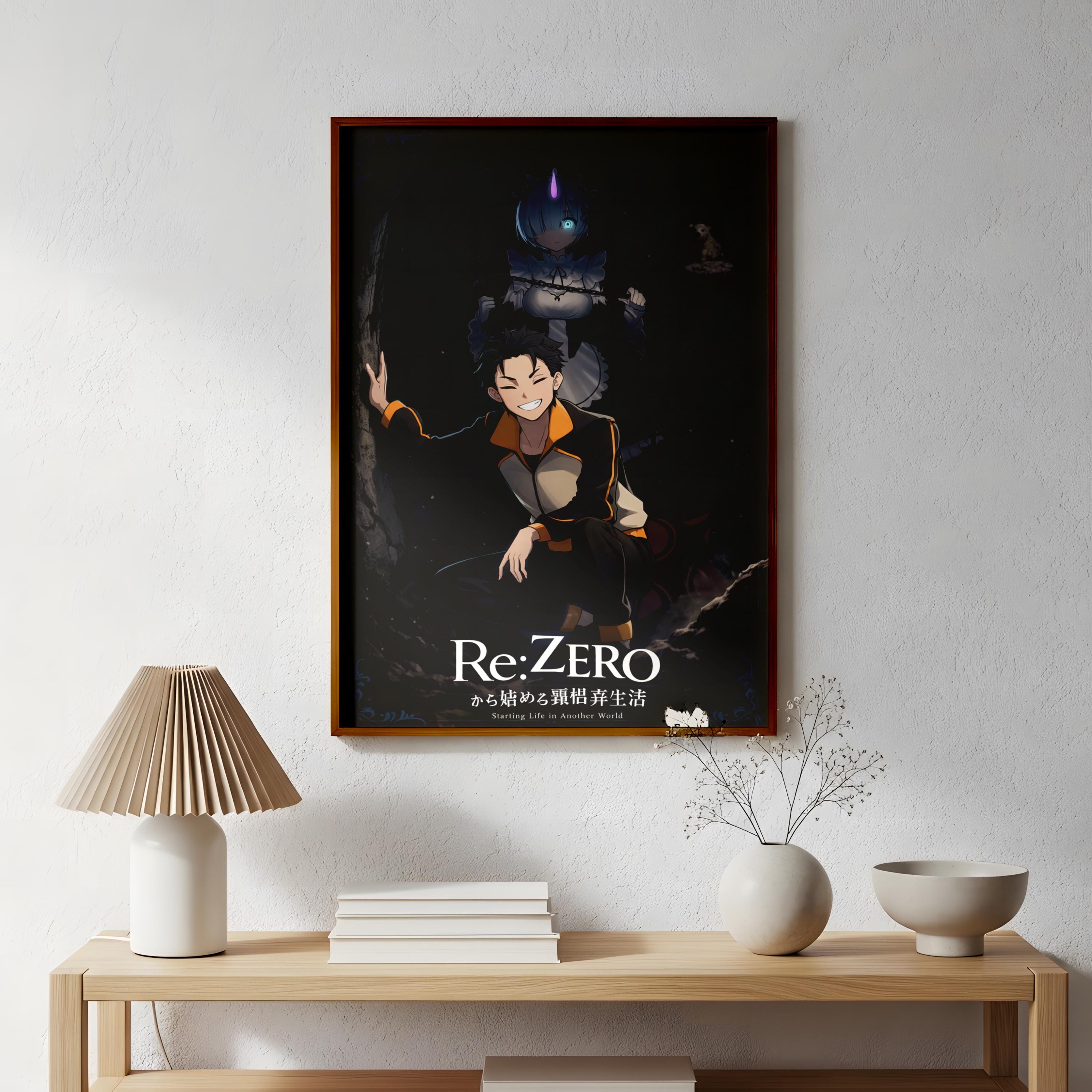 a poster of a character from the anime series "Re:ZERO" displayed on a wall above a wooden table with various items on it.