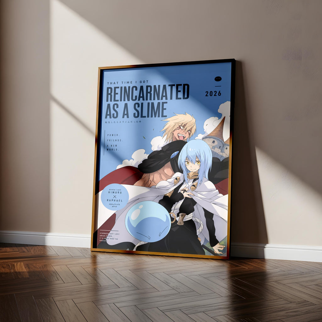 The image is a poster featuring two anime characters, one blonde and one blue-haired, with the title "That time I got reincarnated as a slime" and the release date "2026".