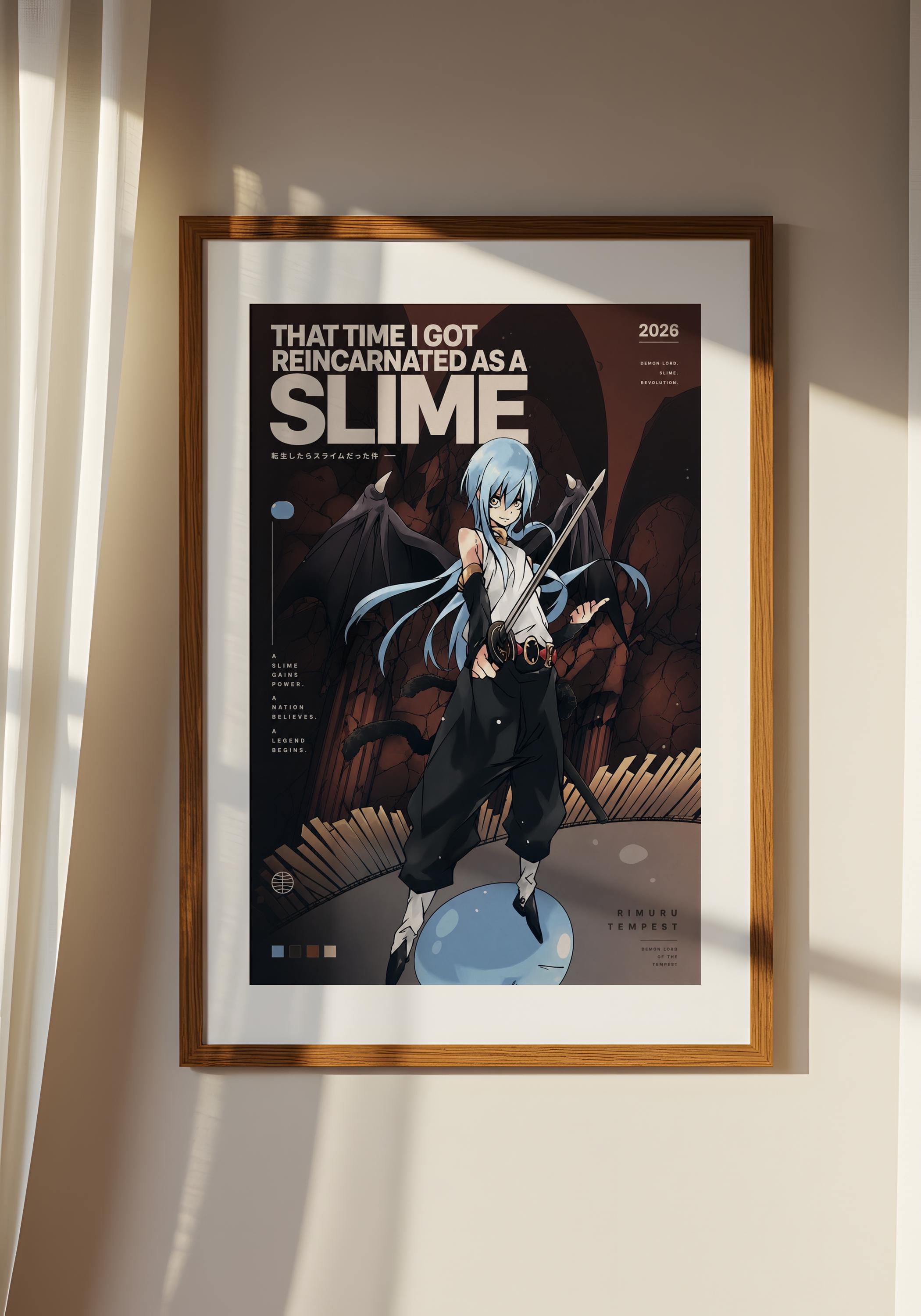 The image is a framed poster featuring an anime-style illustration of a character with blue hair and a black outfit, holding a sword and standing on a blue platform.